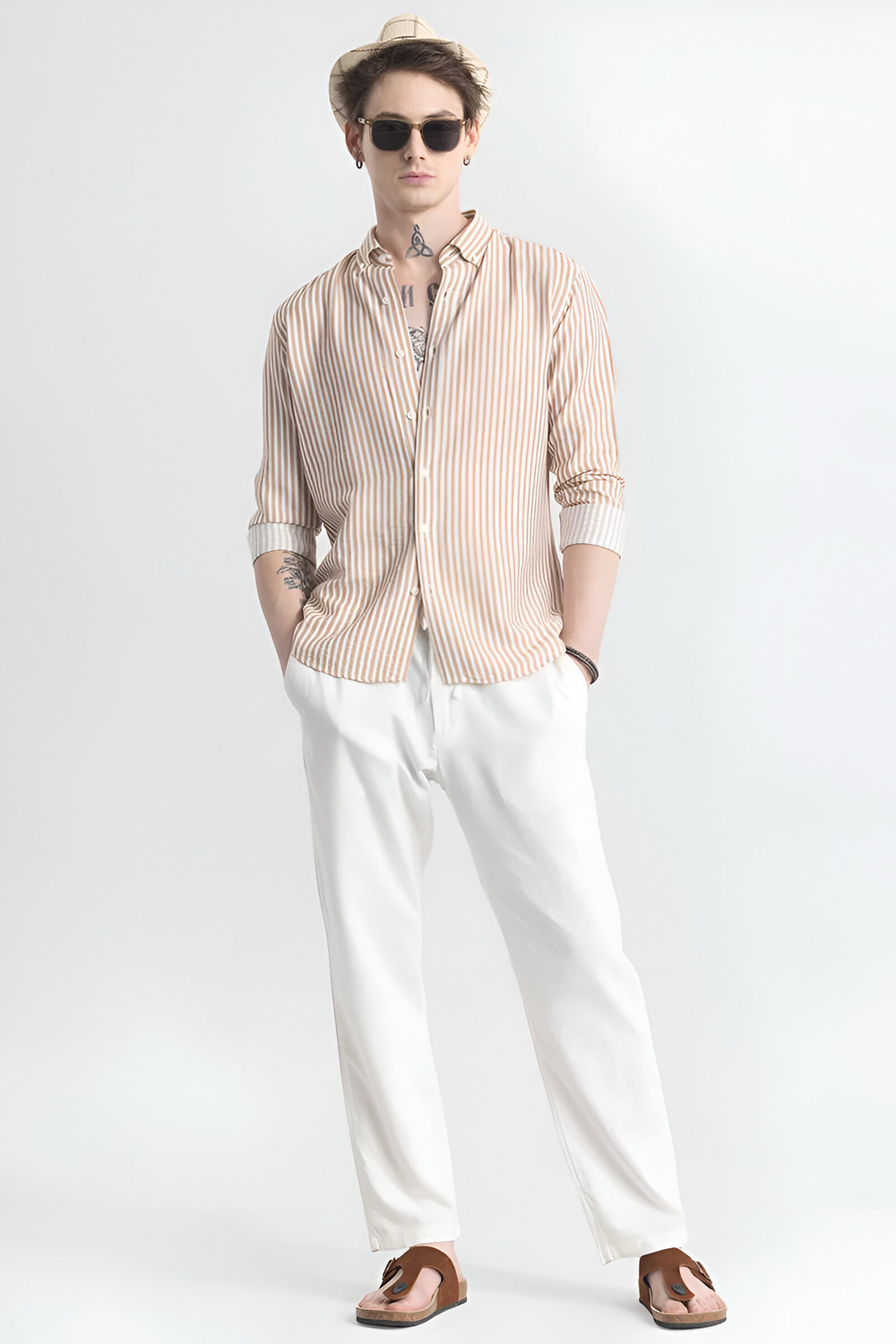 Image of RODEIZ Men Striped Casual Cream Shirt