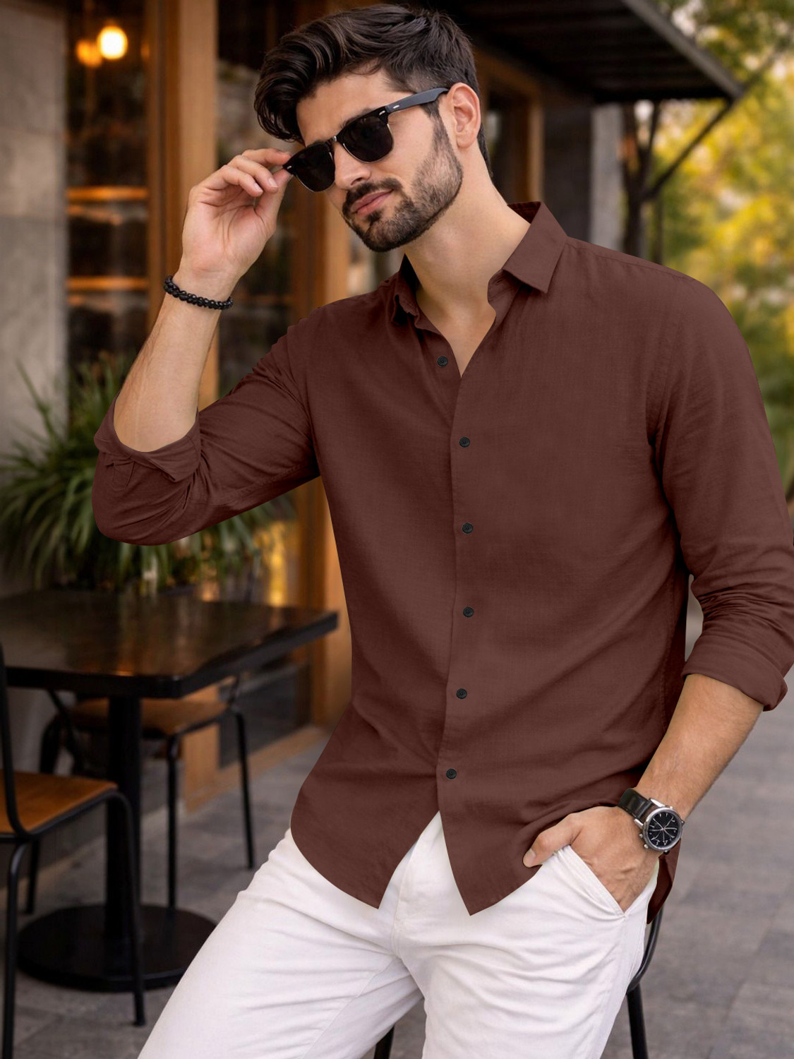Image of Lolark Men Solid Casual Brown Shirt