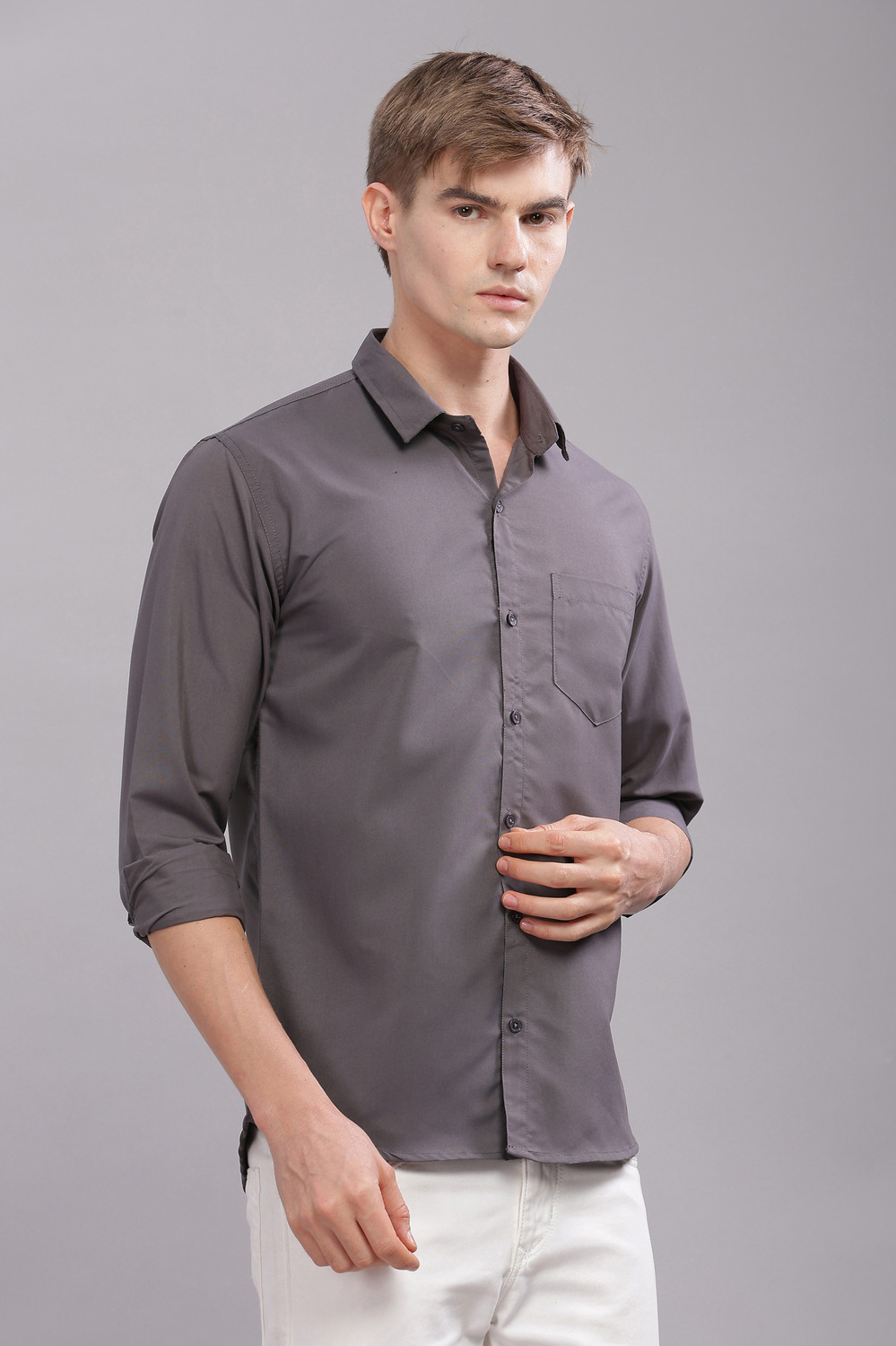 Image of Uzmax Men Solid Casual Grey Shirt