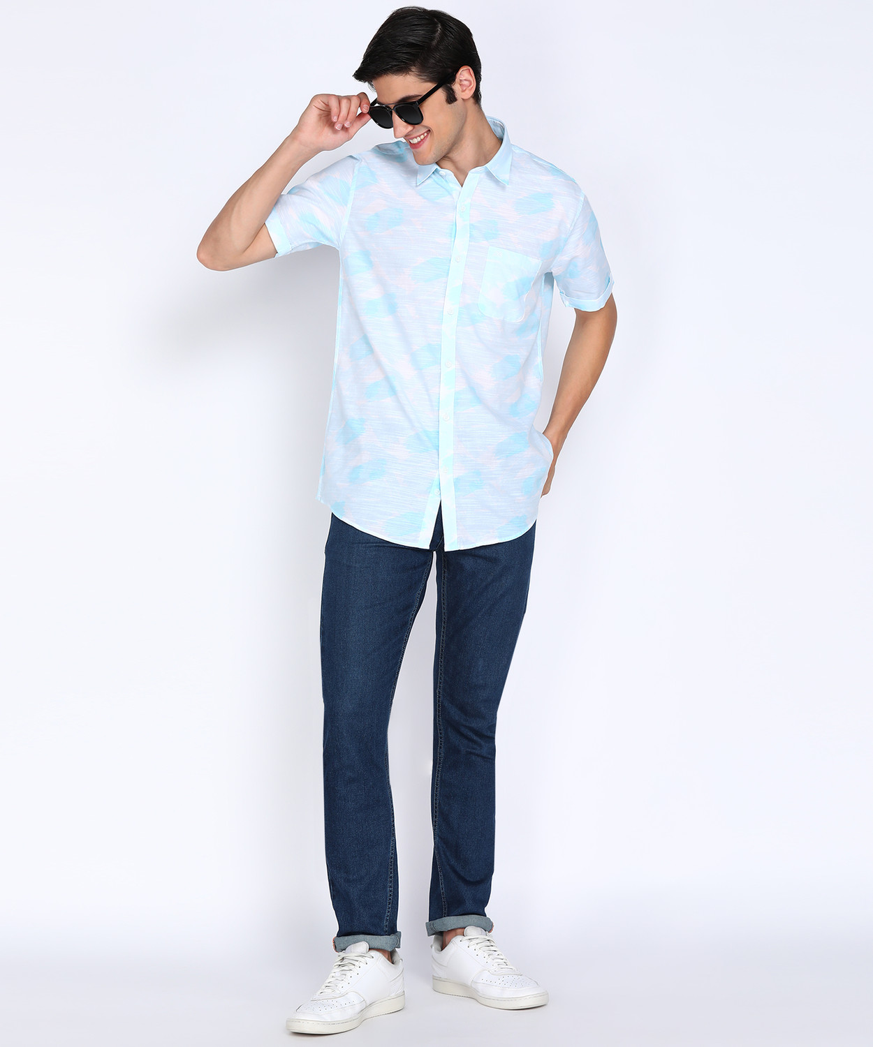 Image of PETER ENGLAND Men Printed Casual Blue Shirt