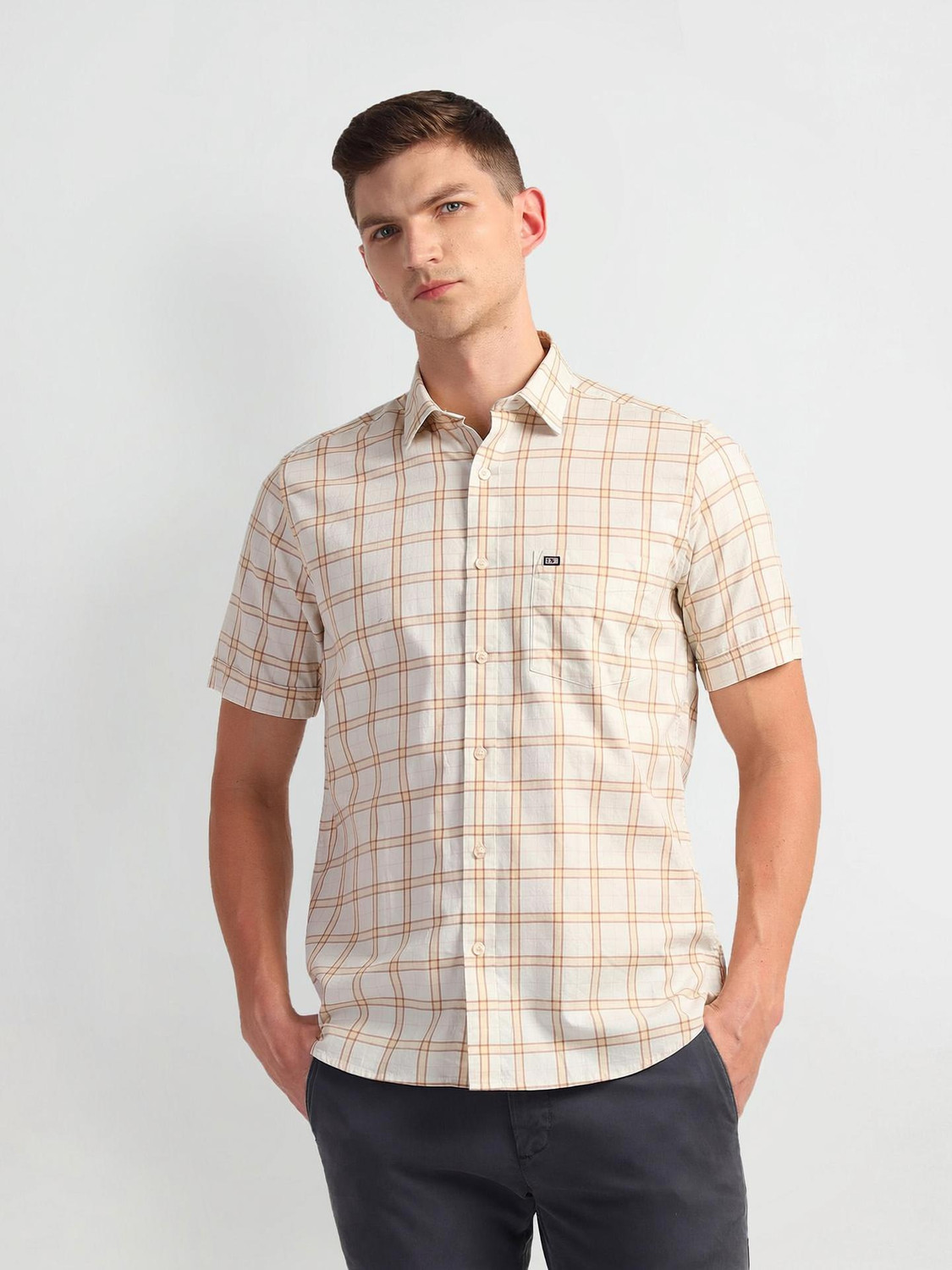 Image of Arrow Sport Men Checkered Casual Orange, White Shirt