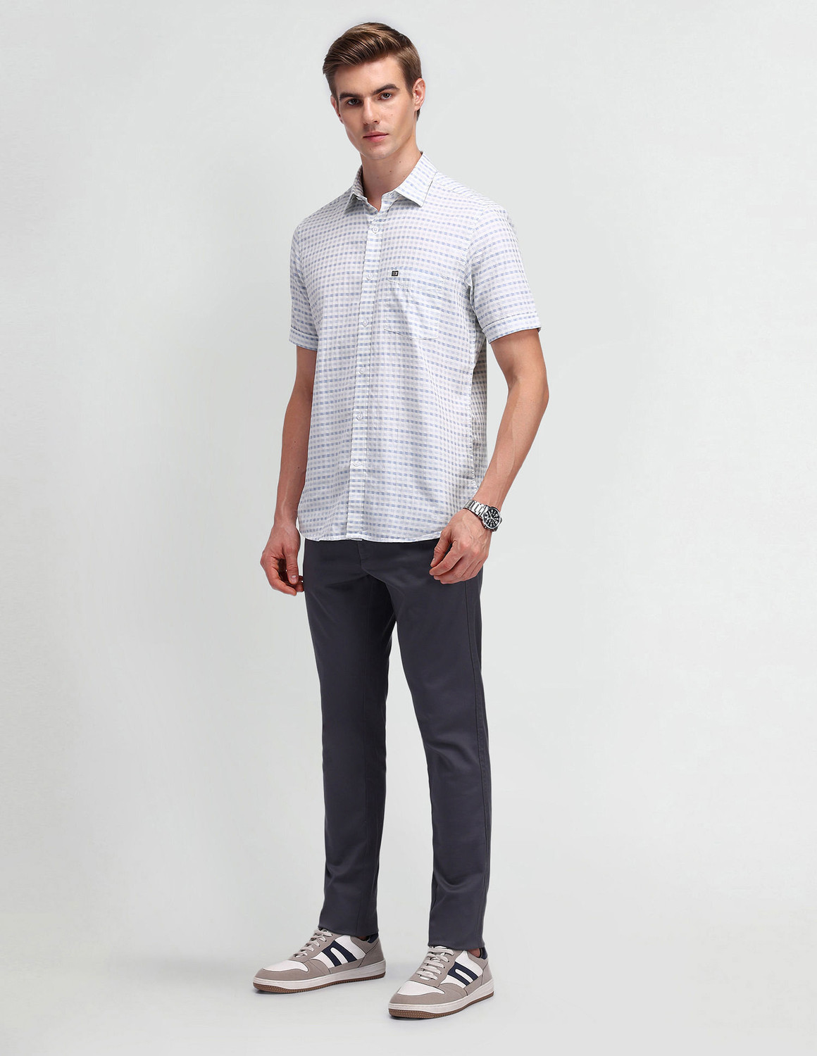 Image of Arrow Sport Men Checkered Casual Grey Shirt