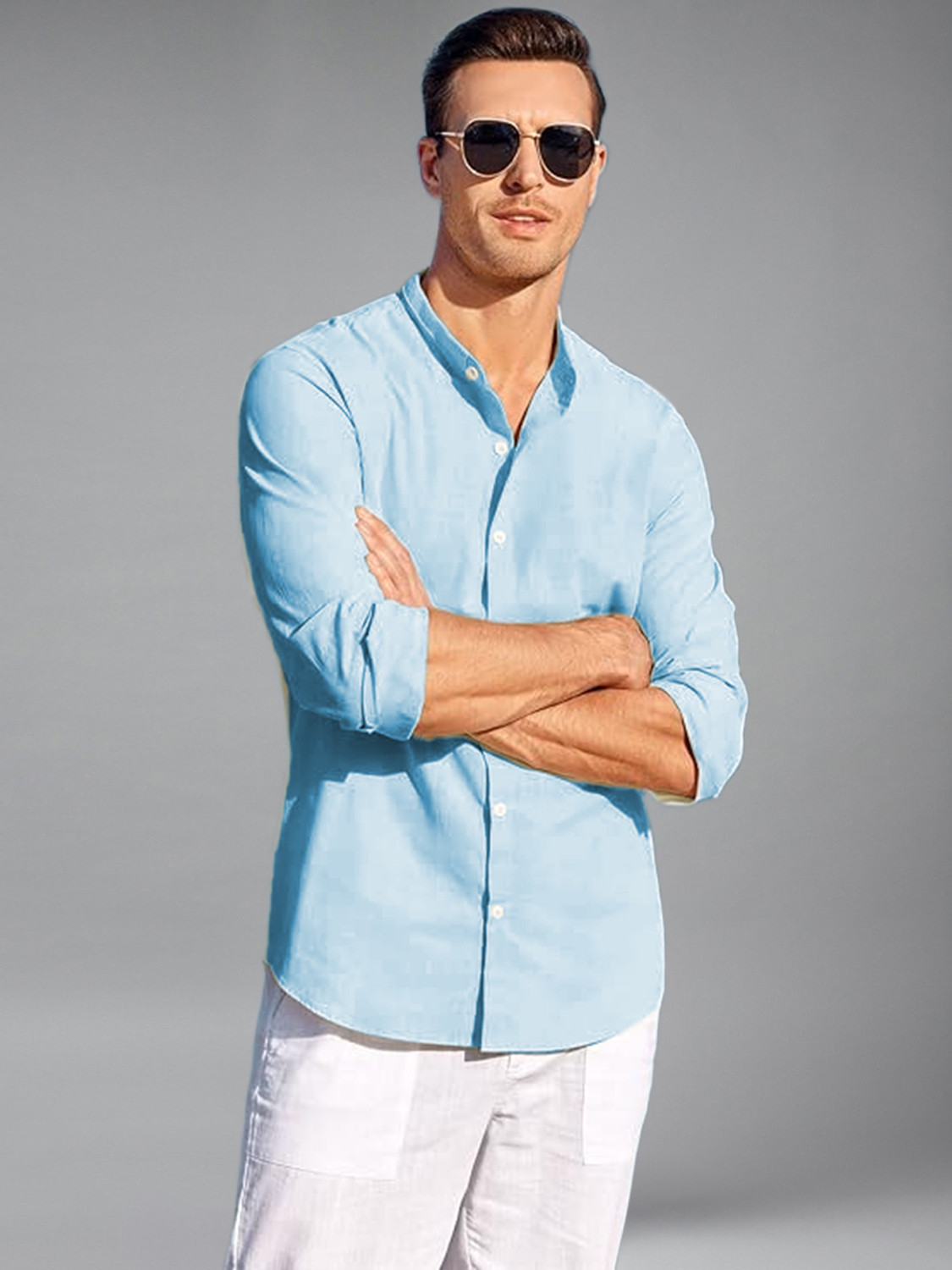 Image of Vashuqi Men Solid Casual Light Blue Shirt