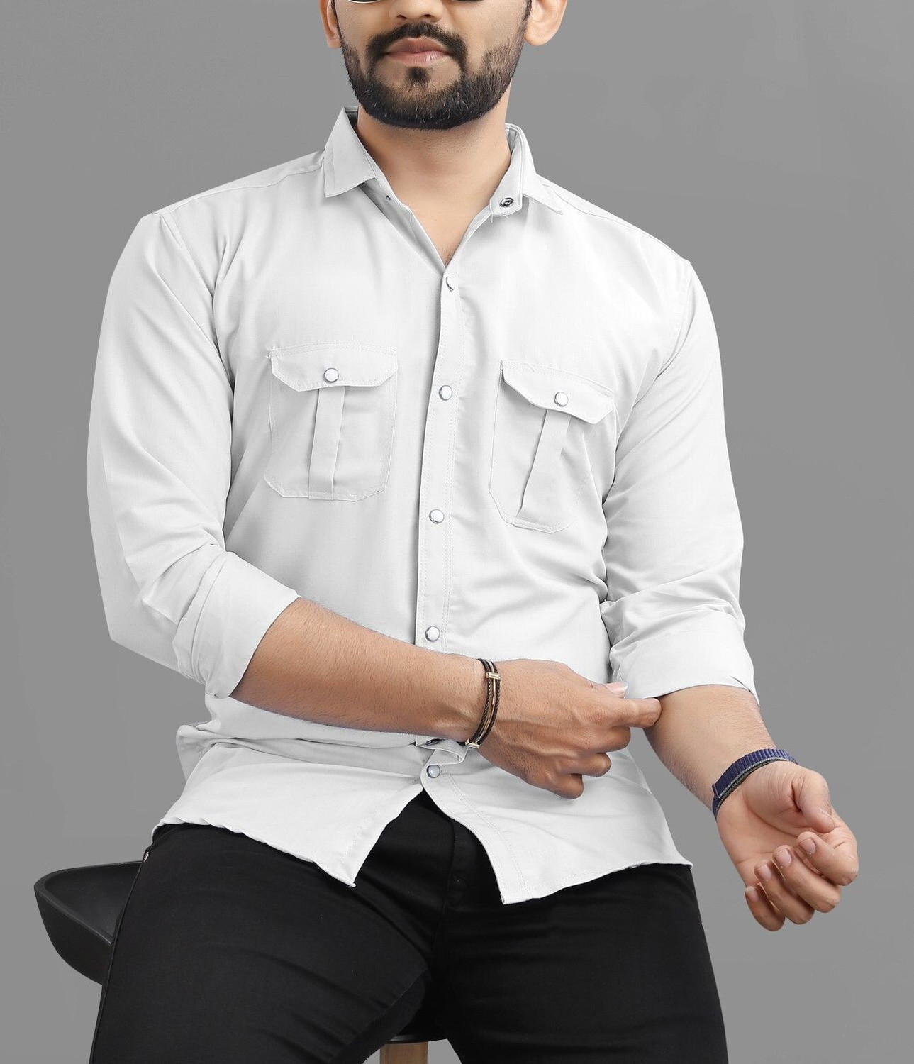 Image of RAHUL LOOK Men Solid Casual White Shirt