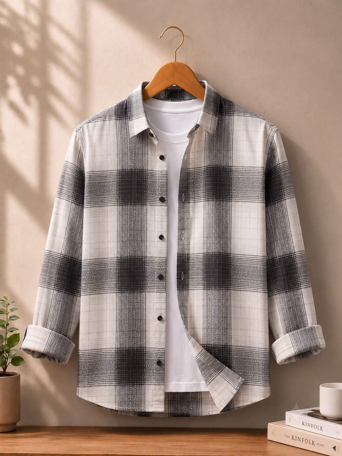 Image of Solbiza Men Checkered Casual White, Black Shirt
