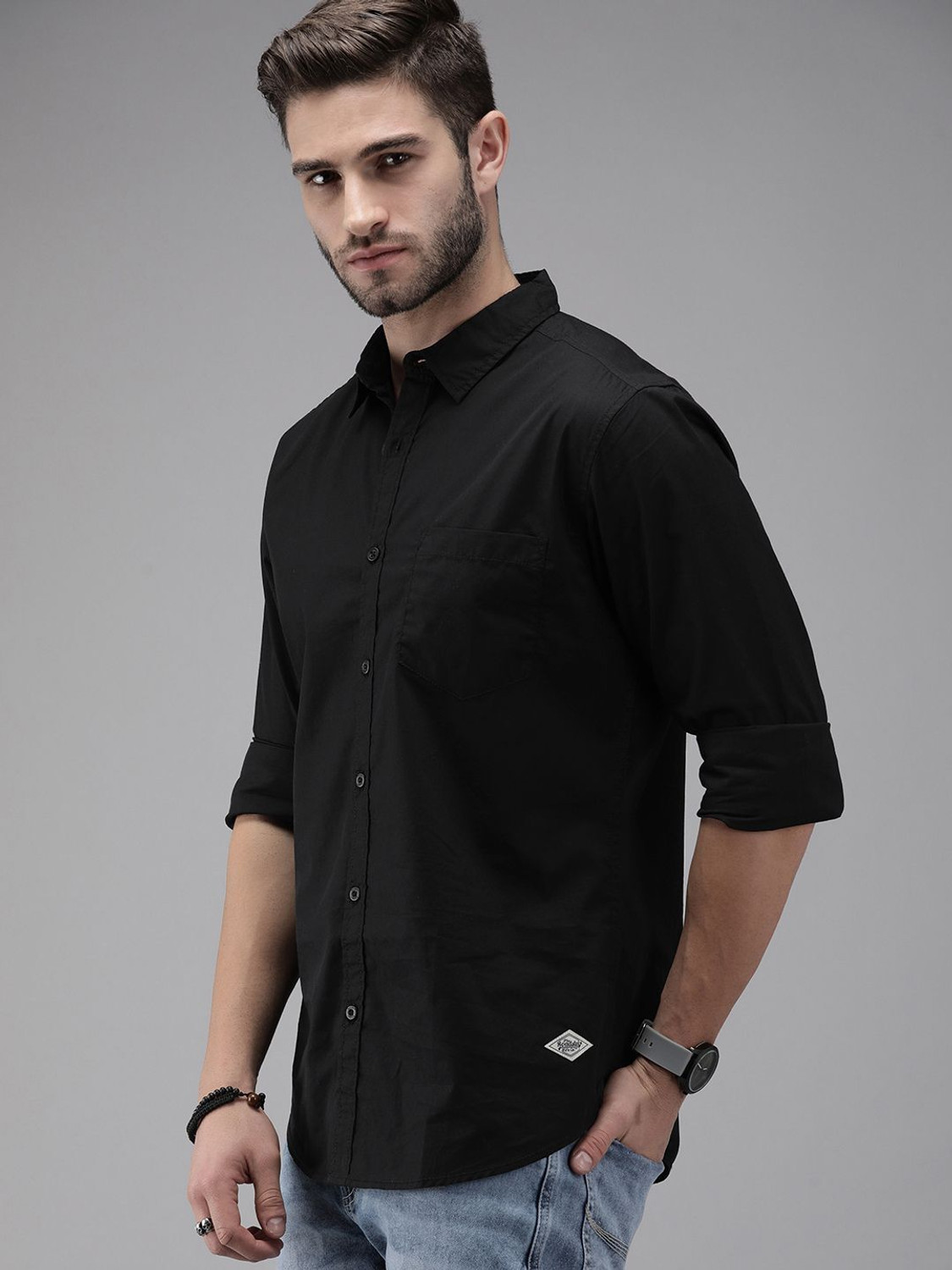 Image of Roadster Men Solid Casual Black Shirt
