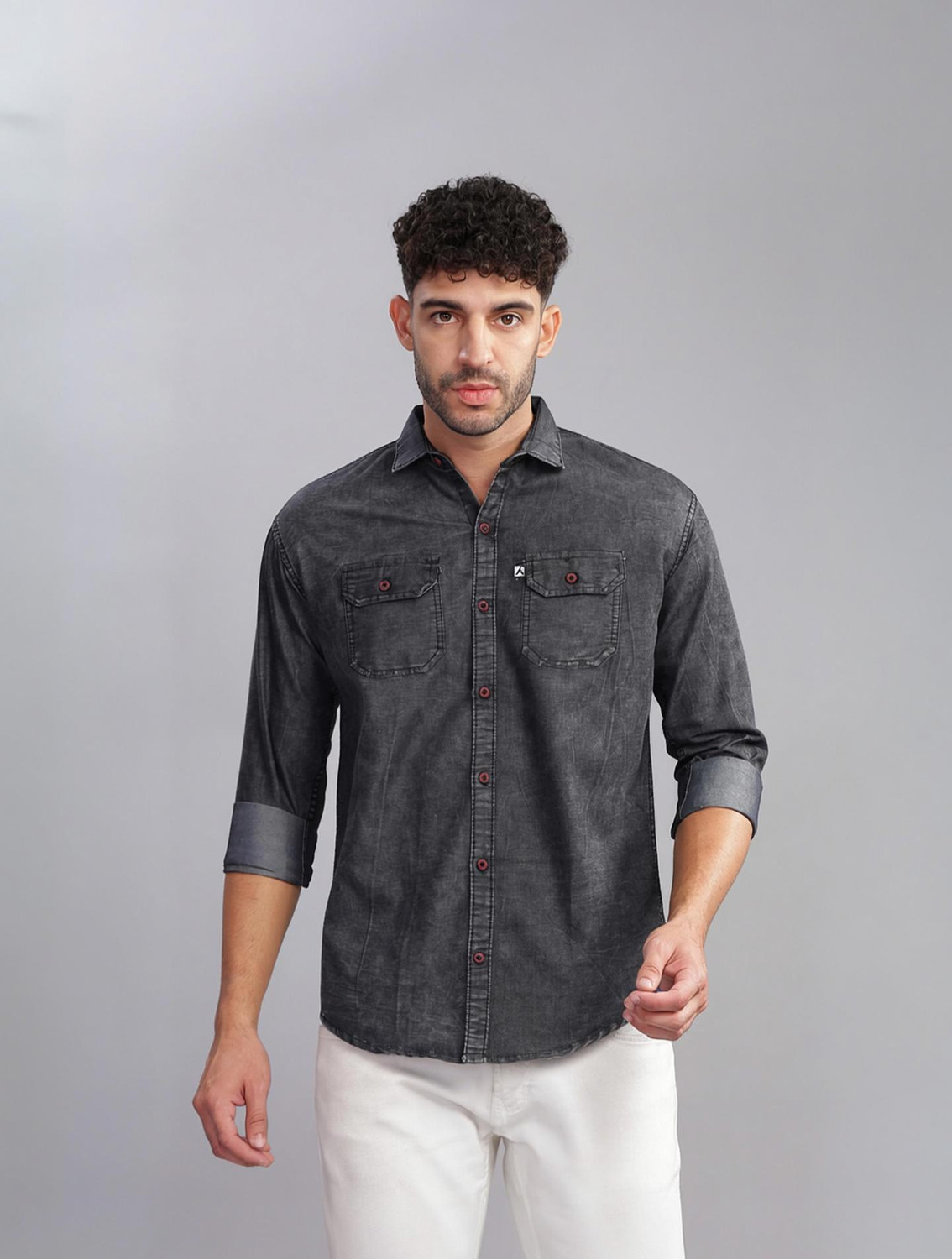 Image of AIDAN PAUL Men Washed Casual Grey Shirt