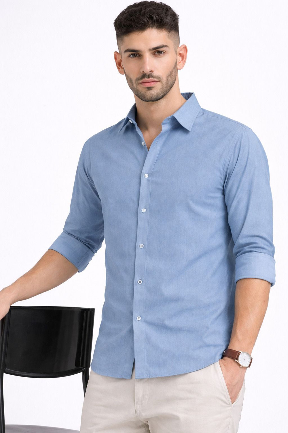Image of WHISQ Men Solid Casual Light Blue Shirt