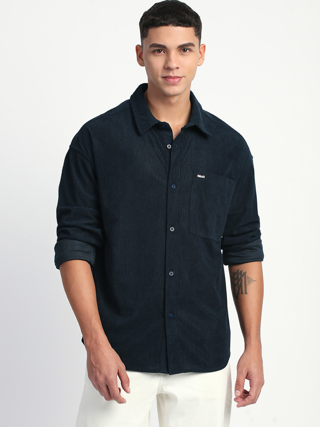 Image of THE BEAR HOUSE Men Self Design Casual Blue Shirt