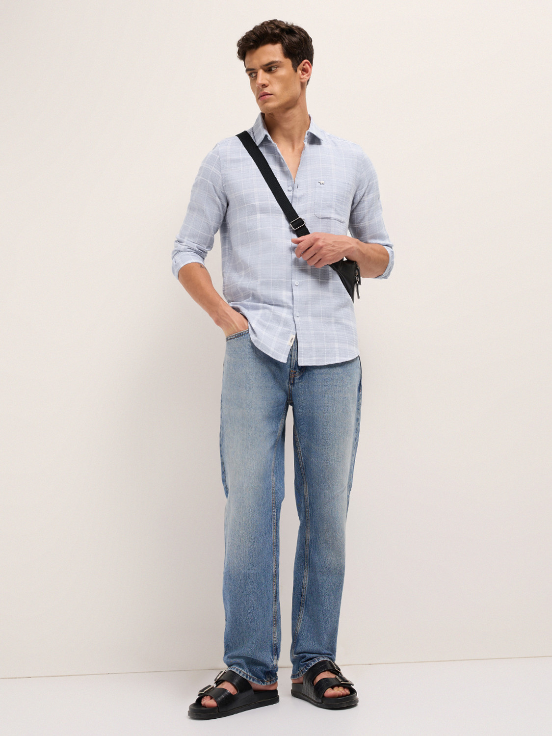 Image of THE BEAR HOUSE Men Checkered Casual Blue Shirt