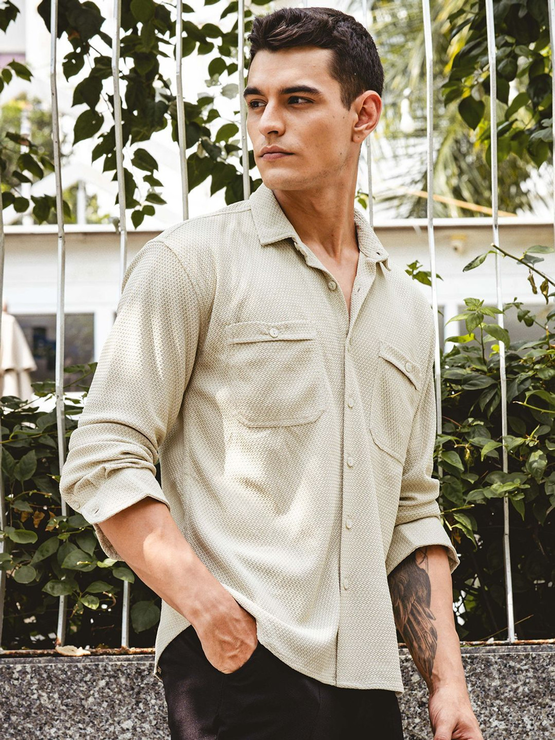 Image of HERE&NOW Men Washed Casual Green Shirt