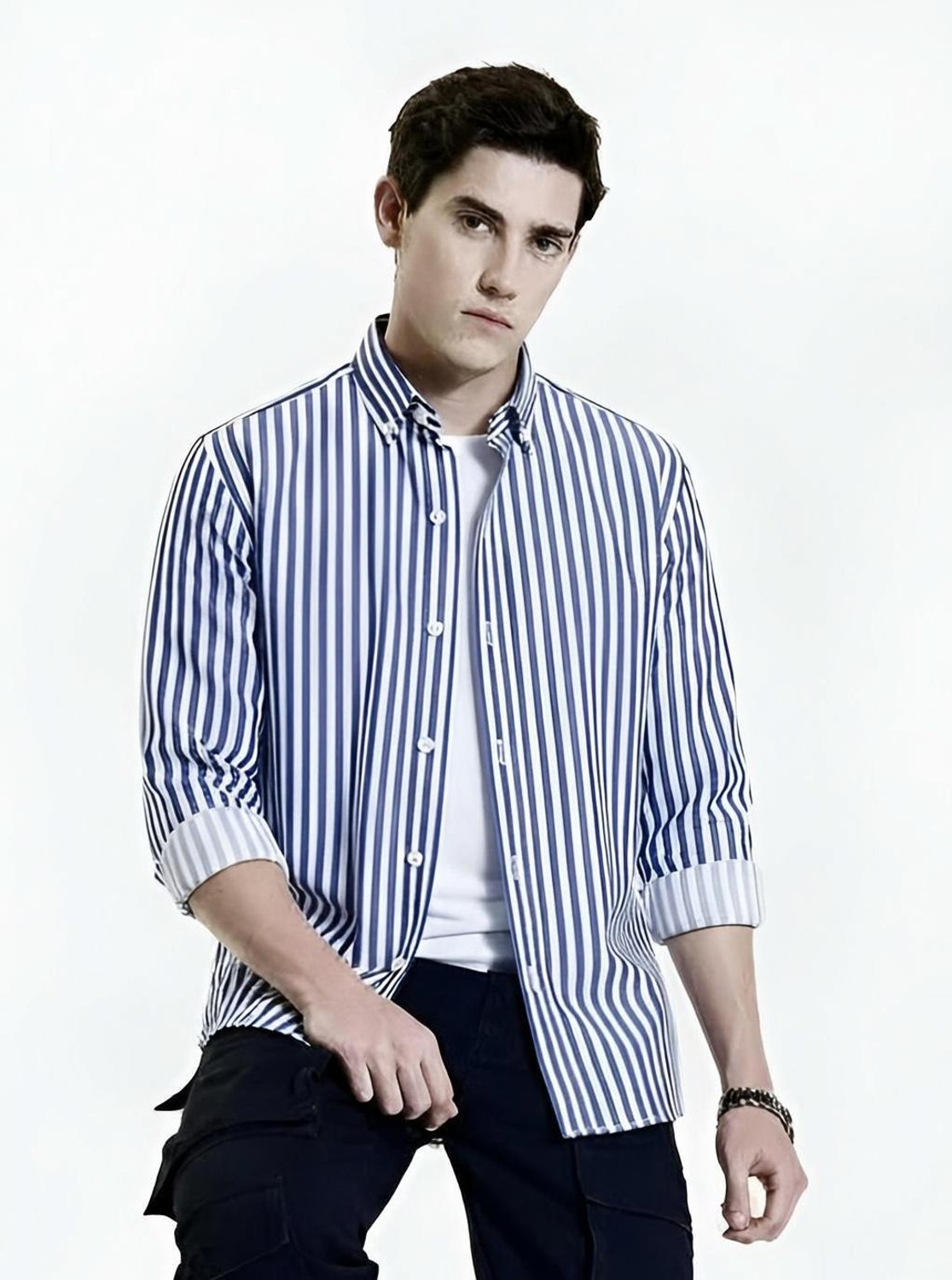 Image of RODEIZ Men Striped Casual Dark Blue, White Shirt