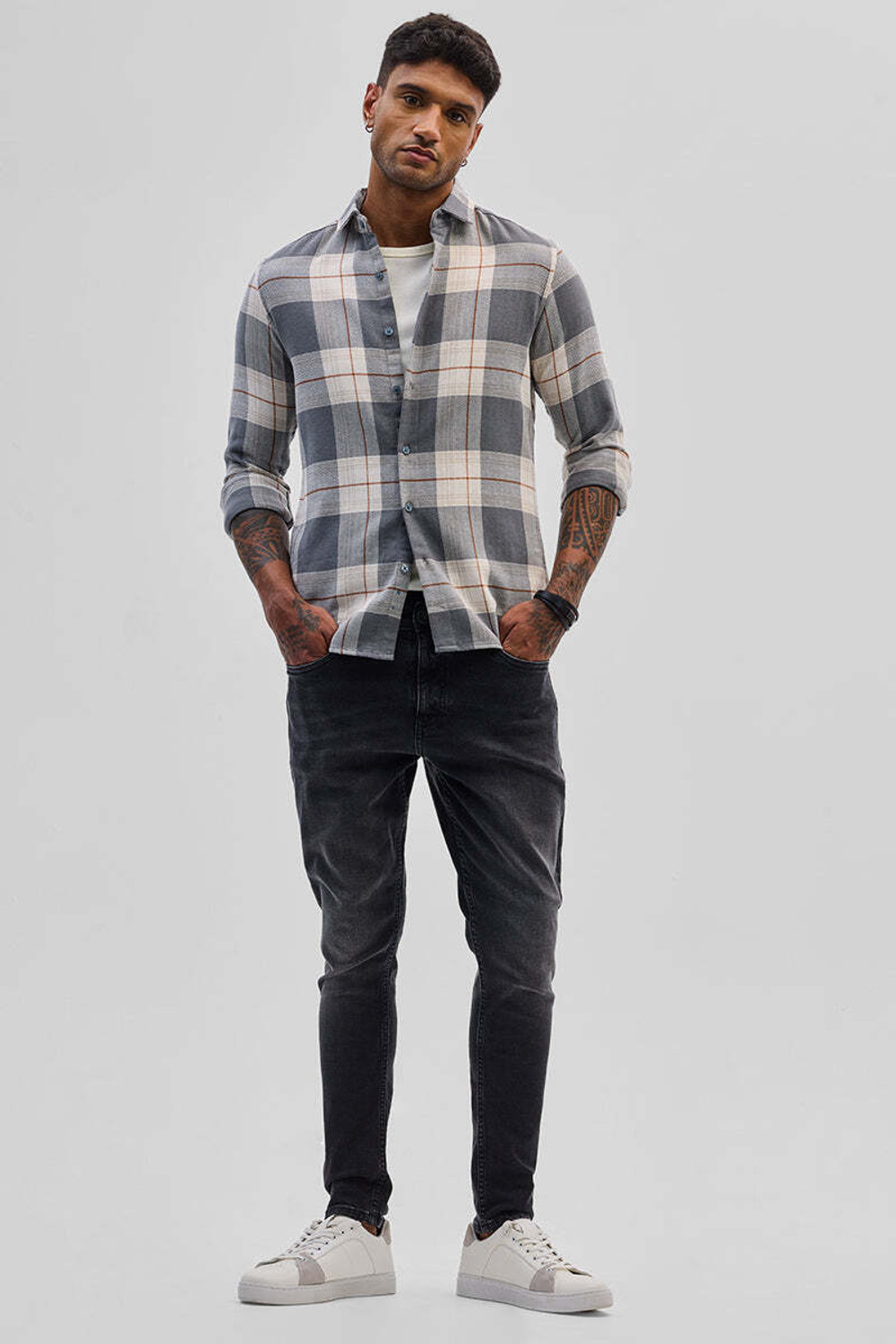 Image of Snitch Men Checkered Casual Grey Shirt