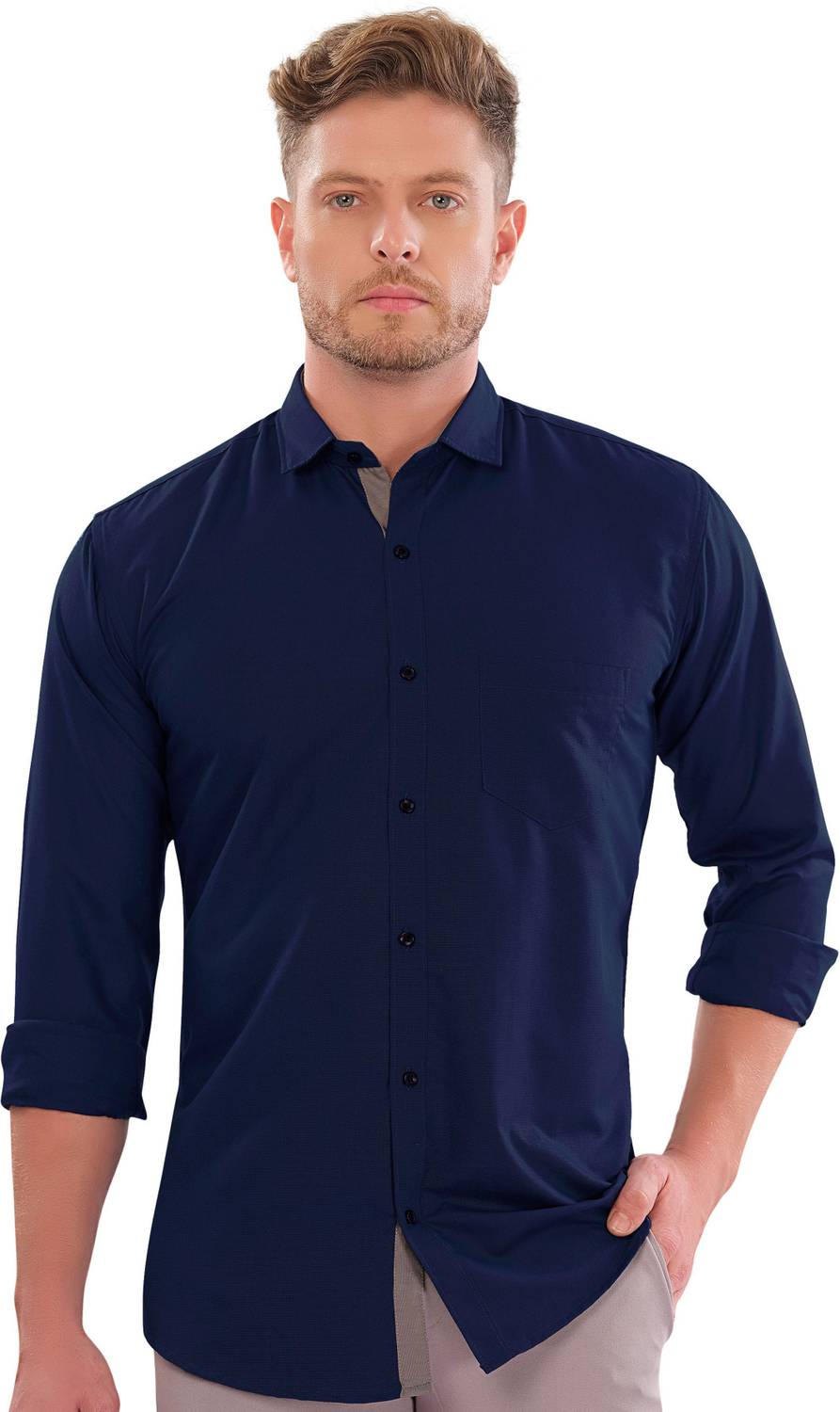 LettBao Men Solid Casual Blue Shirt