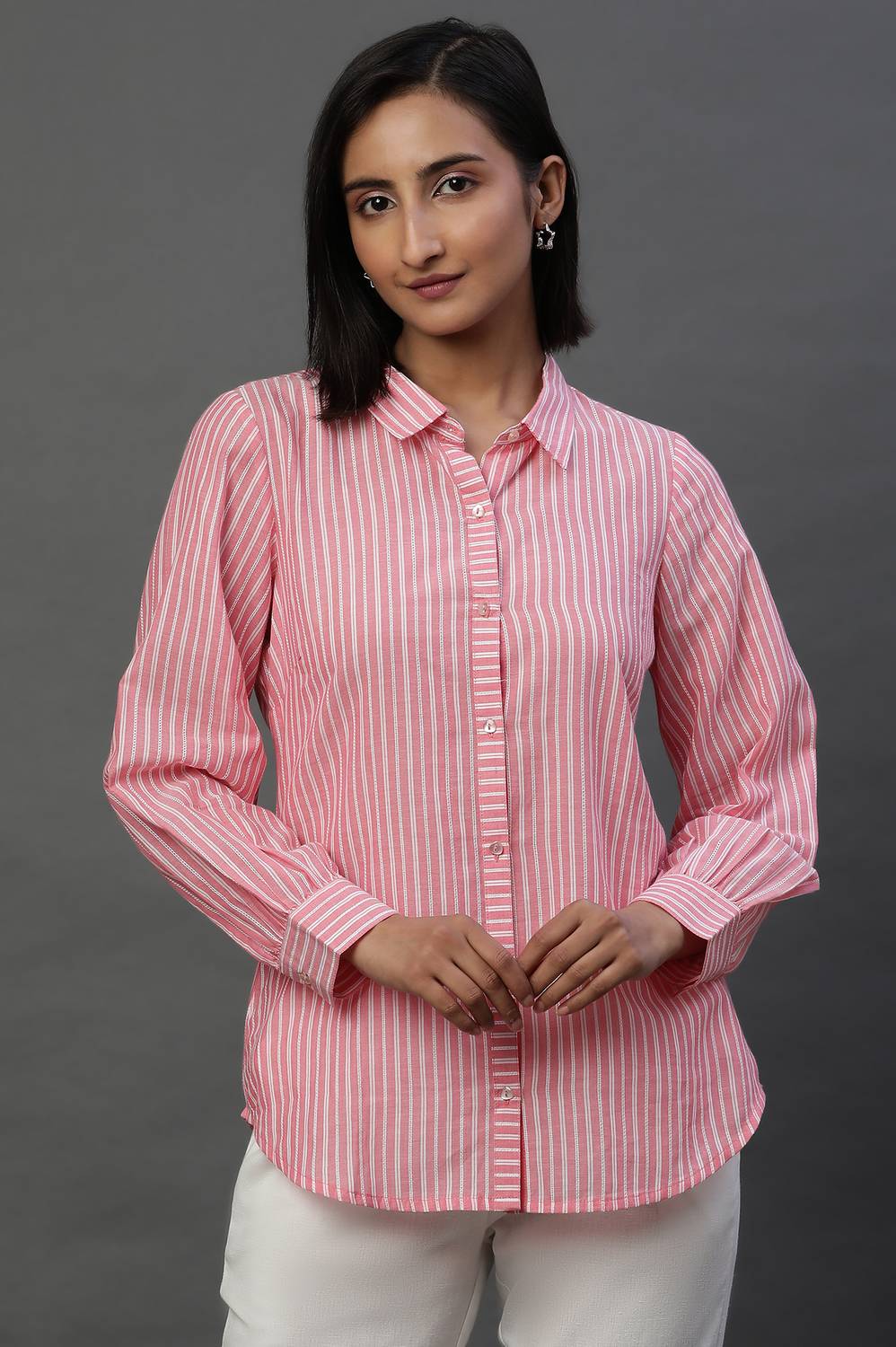 Aurelia Women Striped Casual Pink, White Shirt