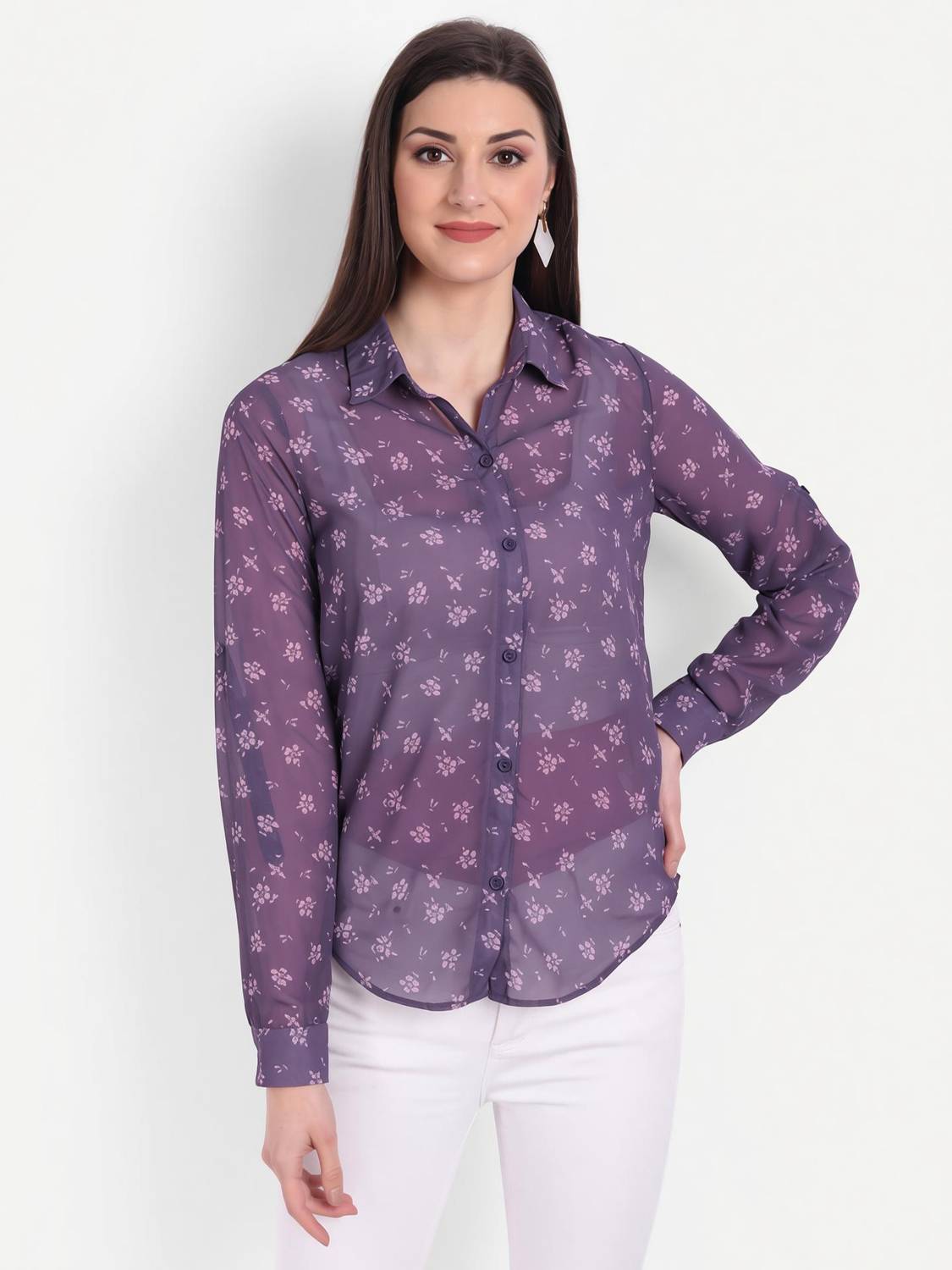 CHARMGAL Women Printed Casual Purple Shirt