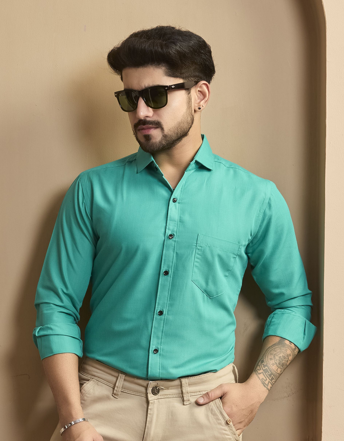 Image of STONEBERG Men Solid Formal Light Green Shirt