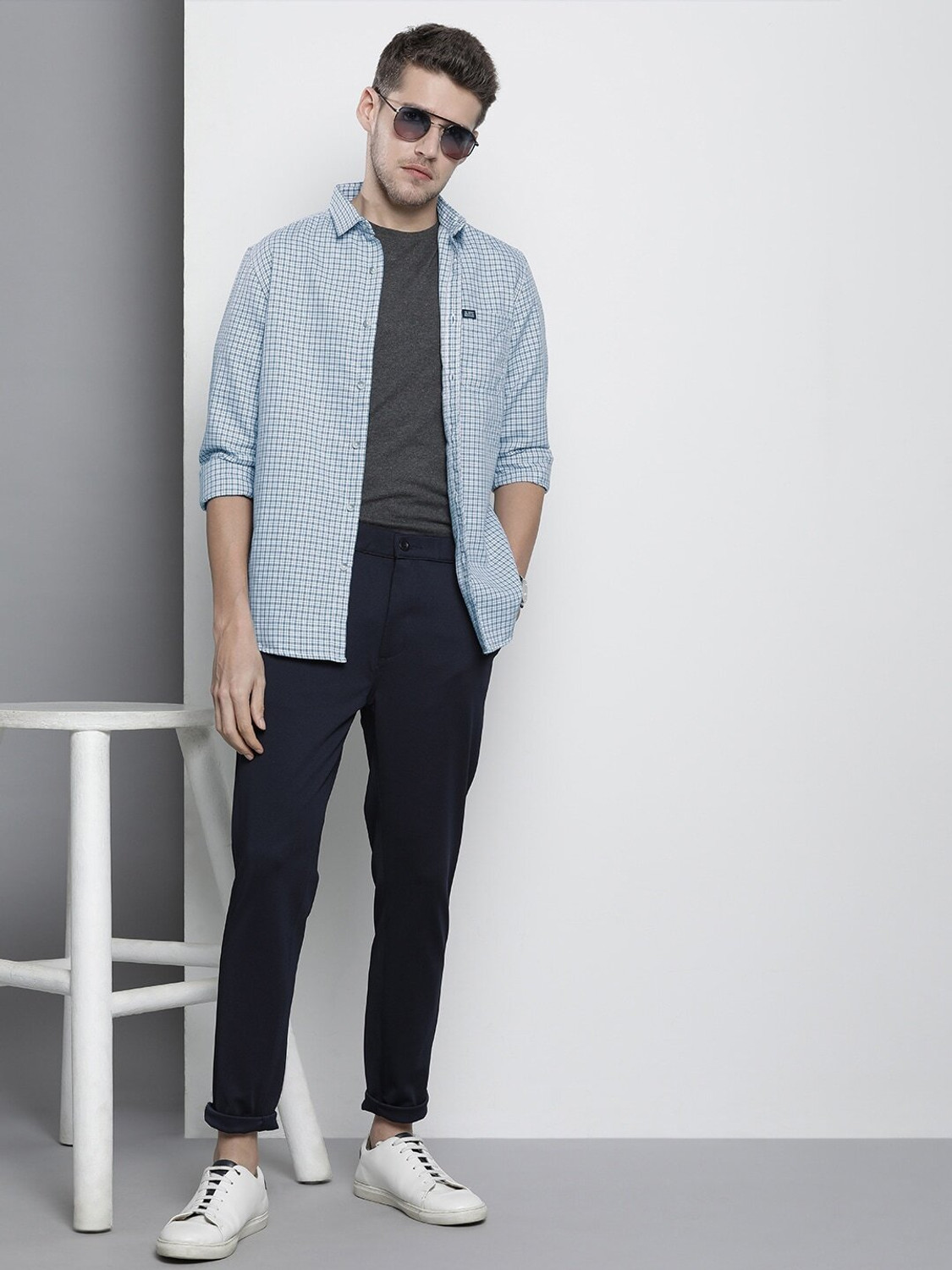 Image of The Indian Garage Co. Men Checkered Casual Blue Shirt