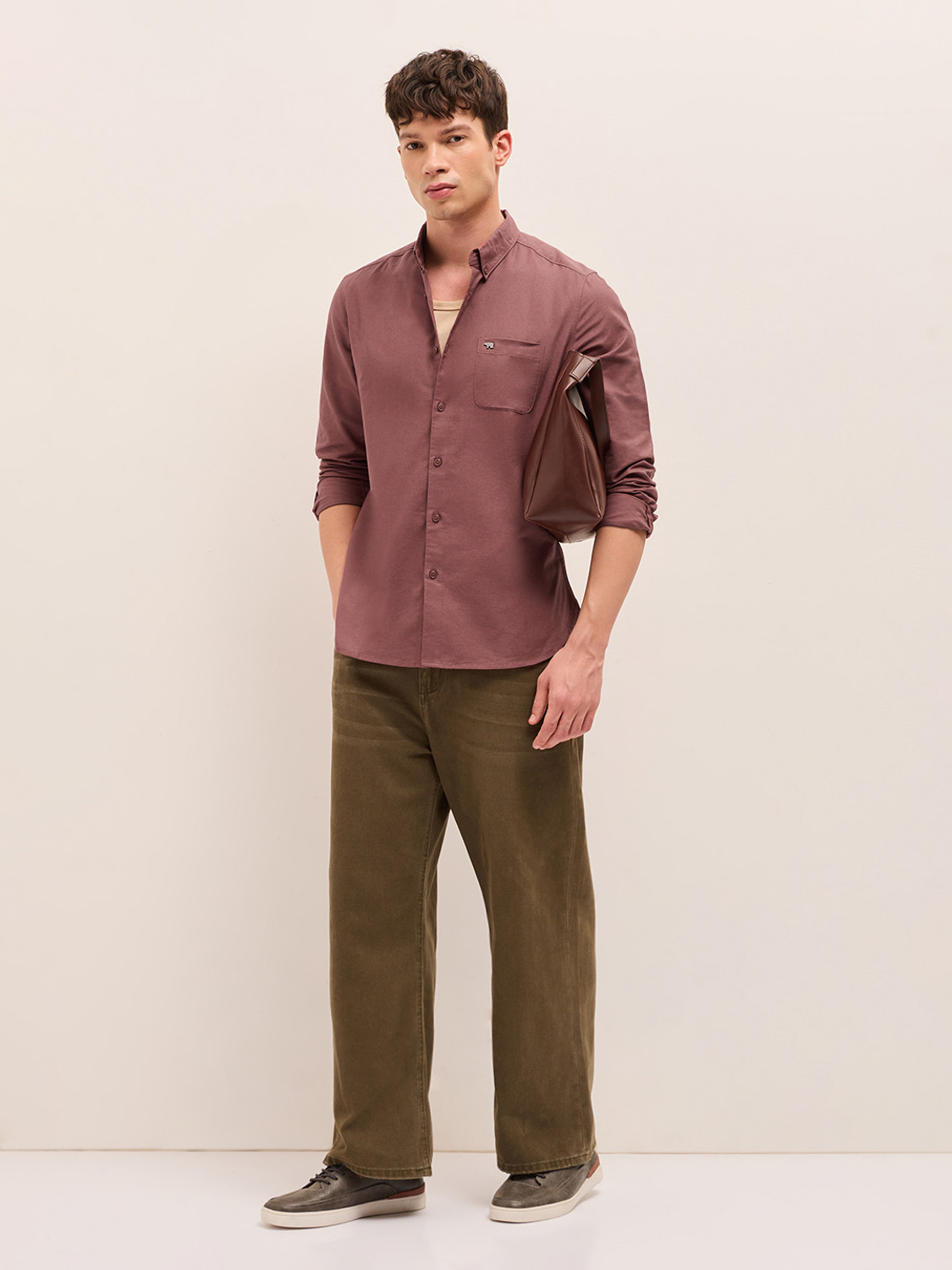 Image of THE BEAR HOUSE Men Solid Casual Brown Shirt