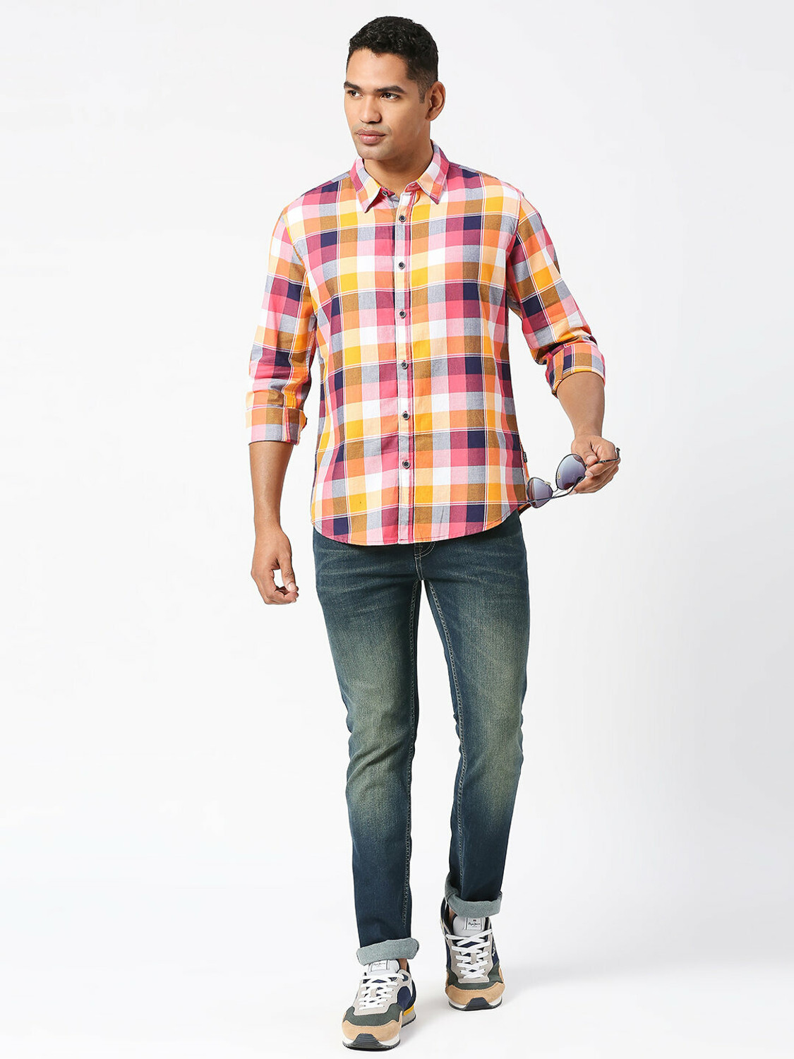 Image of Pepe Jeans Men Checkered Casual Orange Shirt