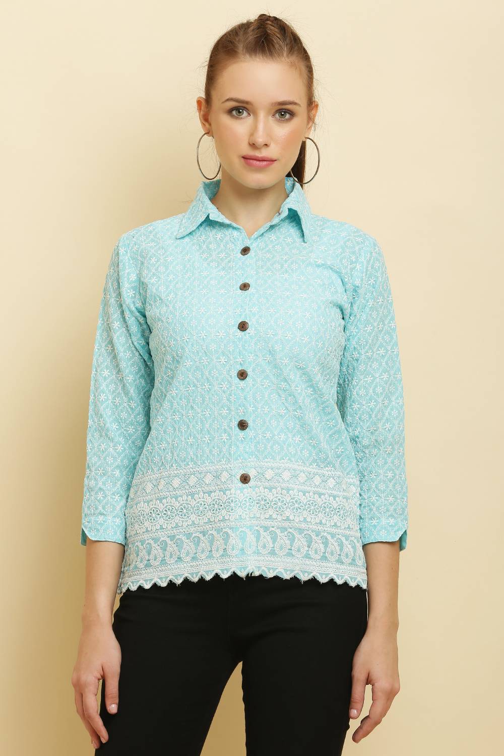 Shopbering Women Embroidered Casual Light Blue, White Shirt