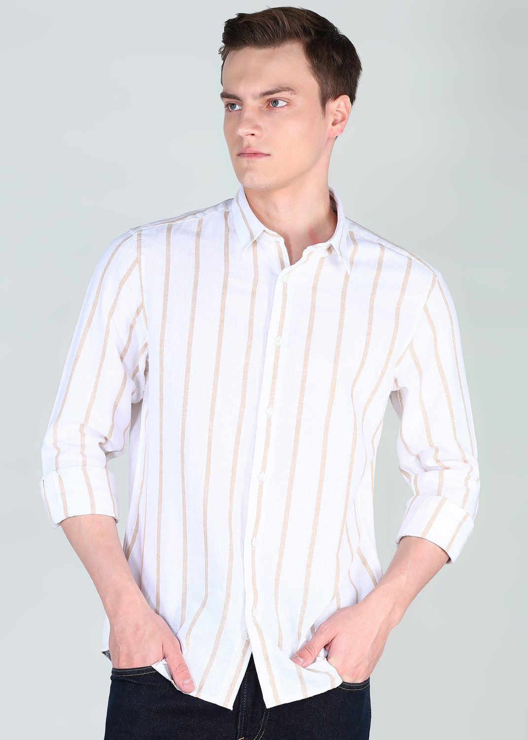 Image of INDIAN TERRAIN Men Striped Casual Beige Shirt