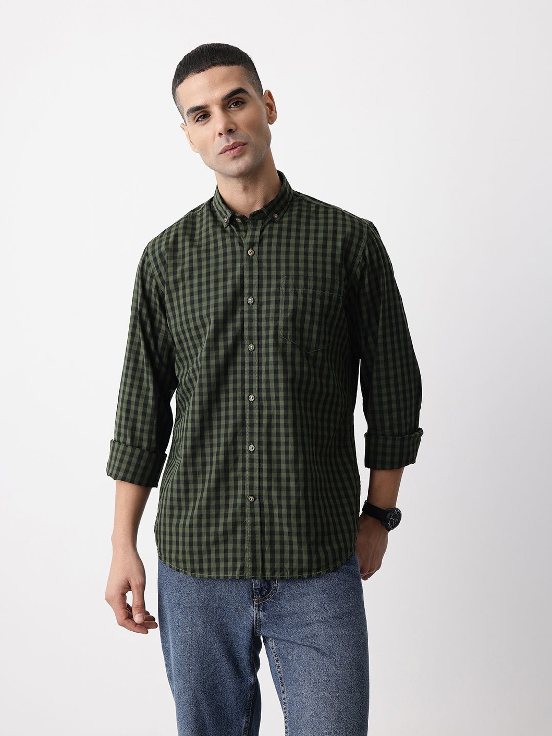 Image of Mast & Harbour Men Checkered Casual Green Shirt
