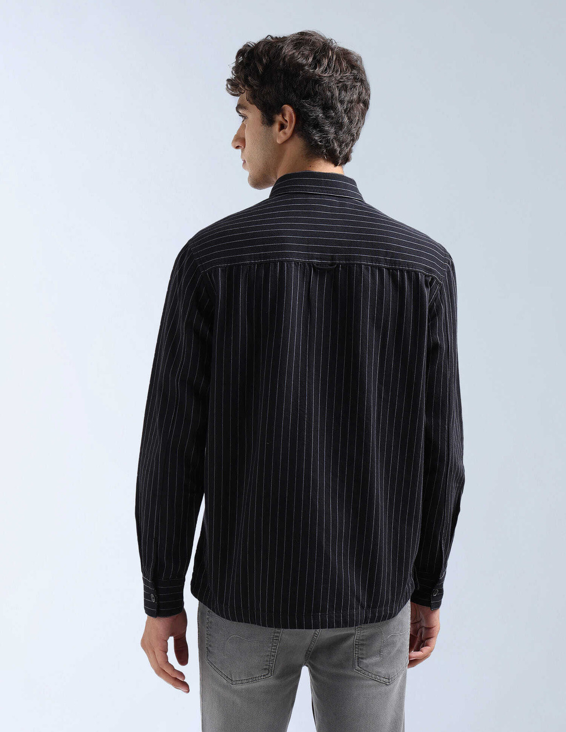 Image of FLYING MACHINE Men Striped Casual Black Shirt