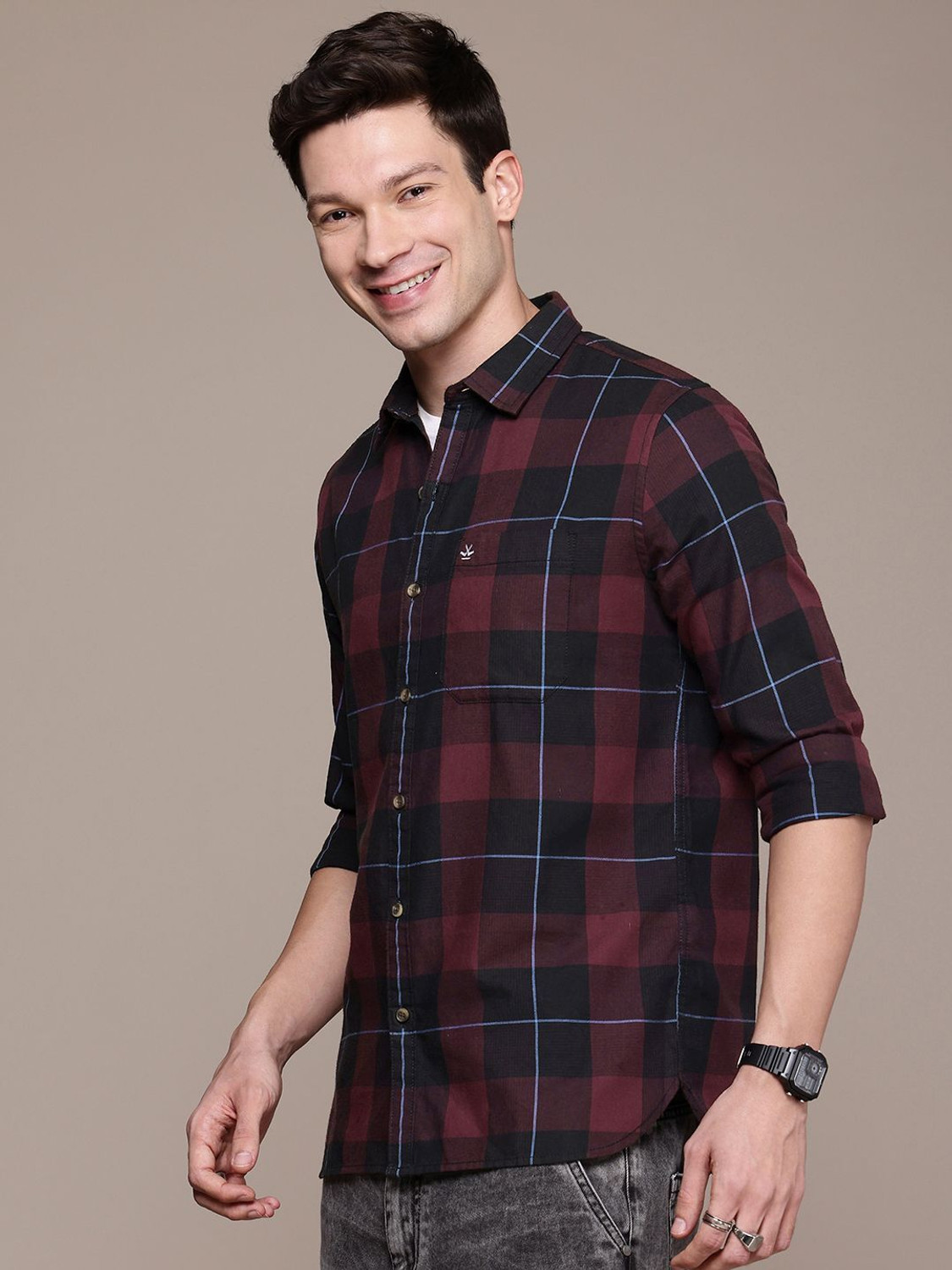 Image of WROGN Men Checkered Casual Brown Shirt
