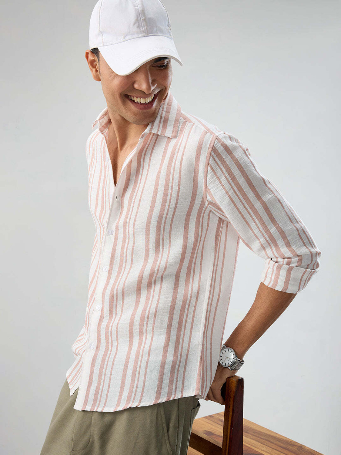 Image of VASTRADO Men Regular Fit Striped Cut Away Collar Casual Shirt