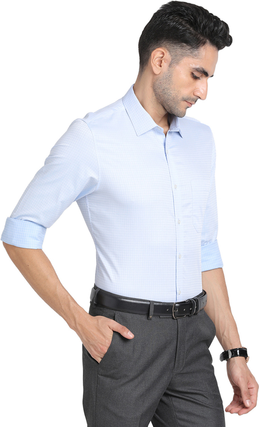 Image of TURTLE Men Checkered Formal Light Blue Shirt