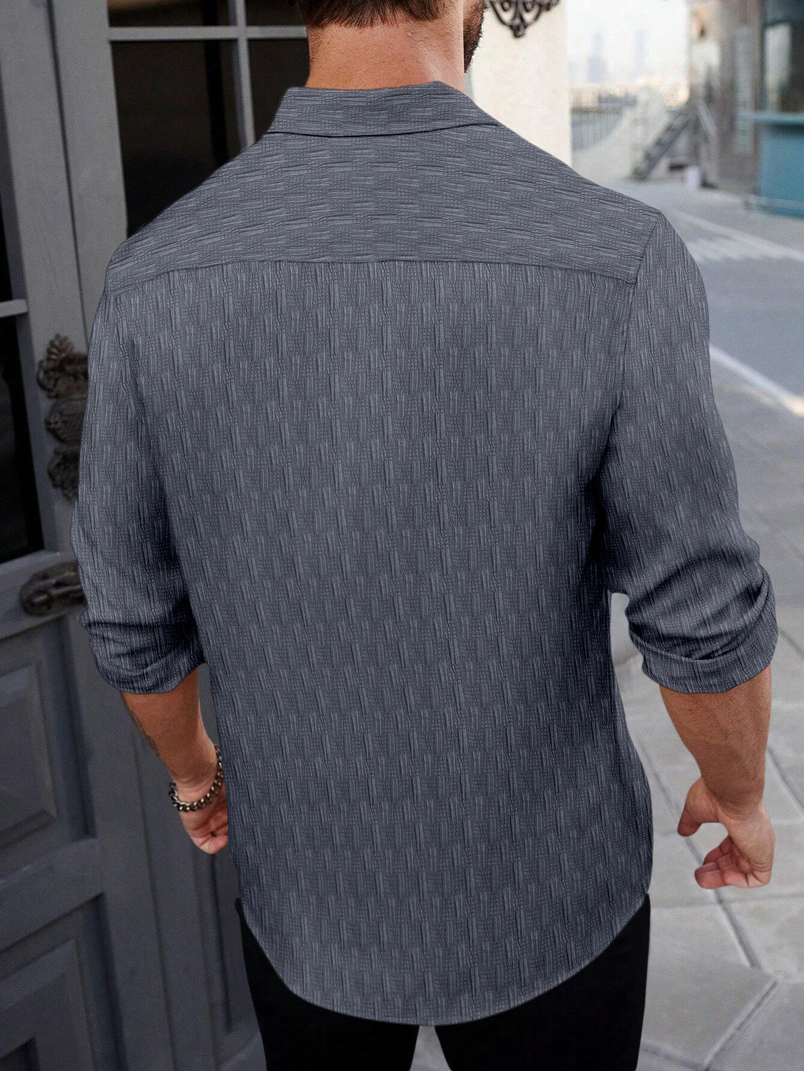 Image of VELLOSTA Men Self Design Casual Grey Shirt