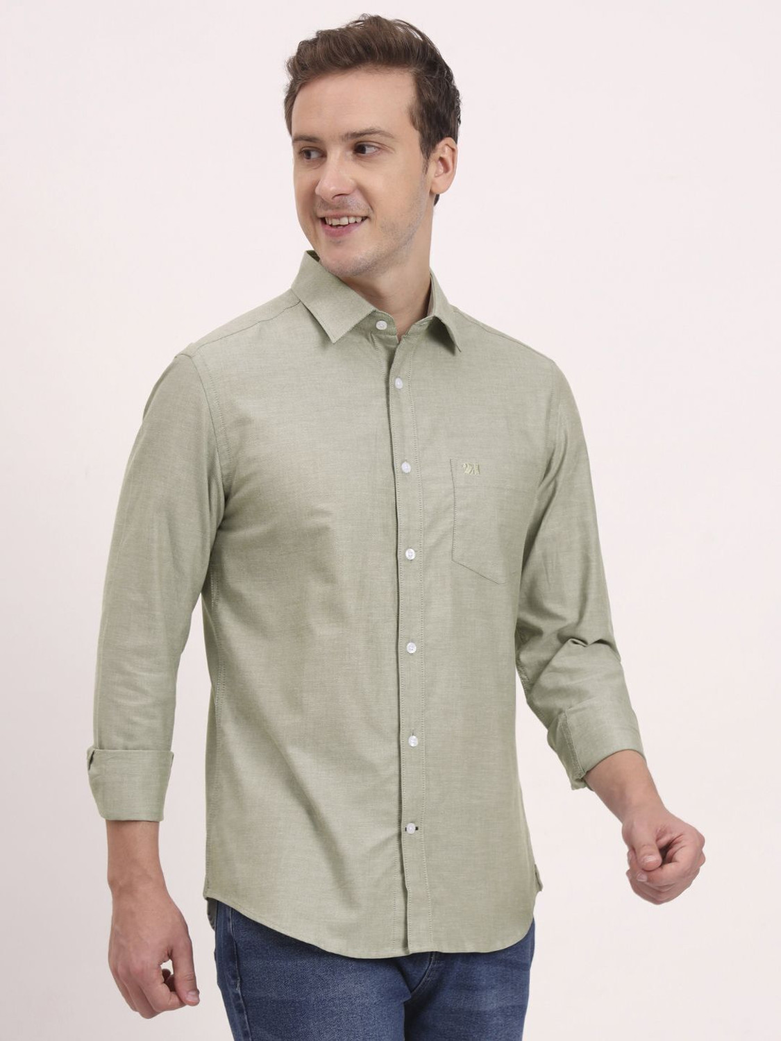 Image of HOUSE OF TWENTY ONE Men Solid Casual Light Green Shirt