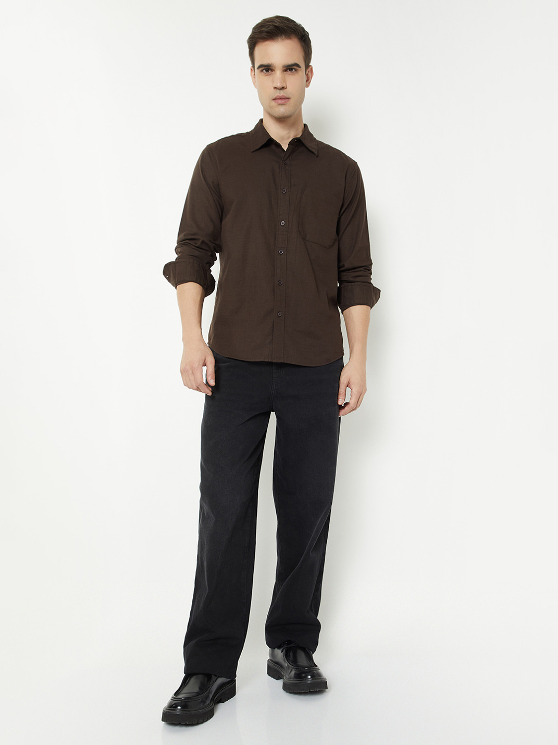 Image of MAX Men Solid Casual Brown Shirt