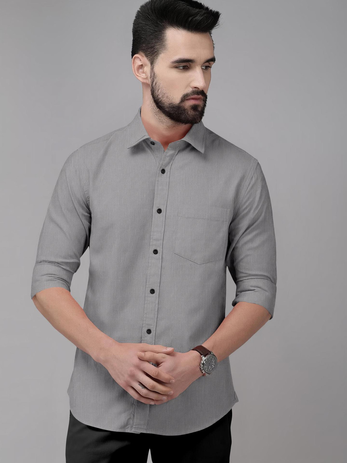 Image of MBF66 Men Solid Casual Grey Shirt