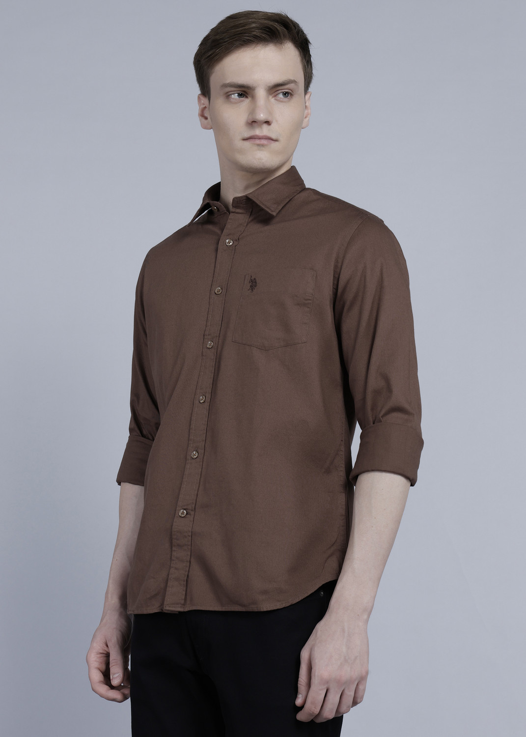 Image of U.S. POLO ASSN. Men Solid Casual Brown Shirt