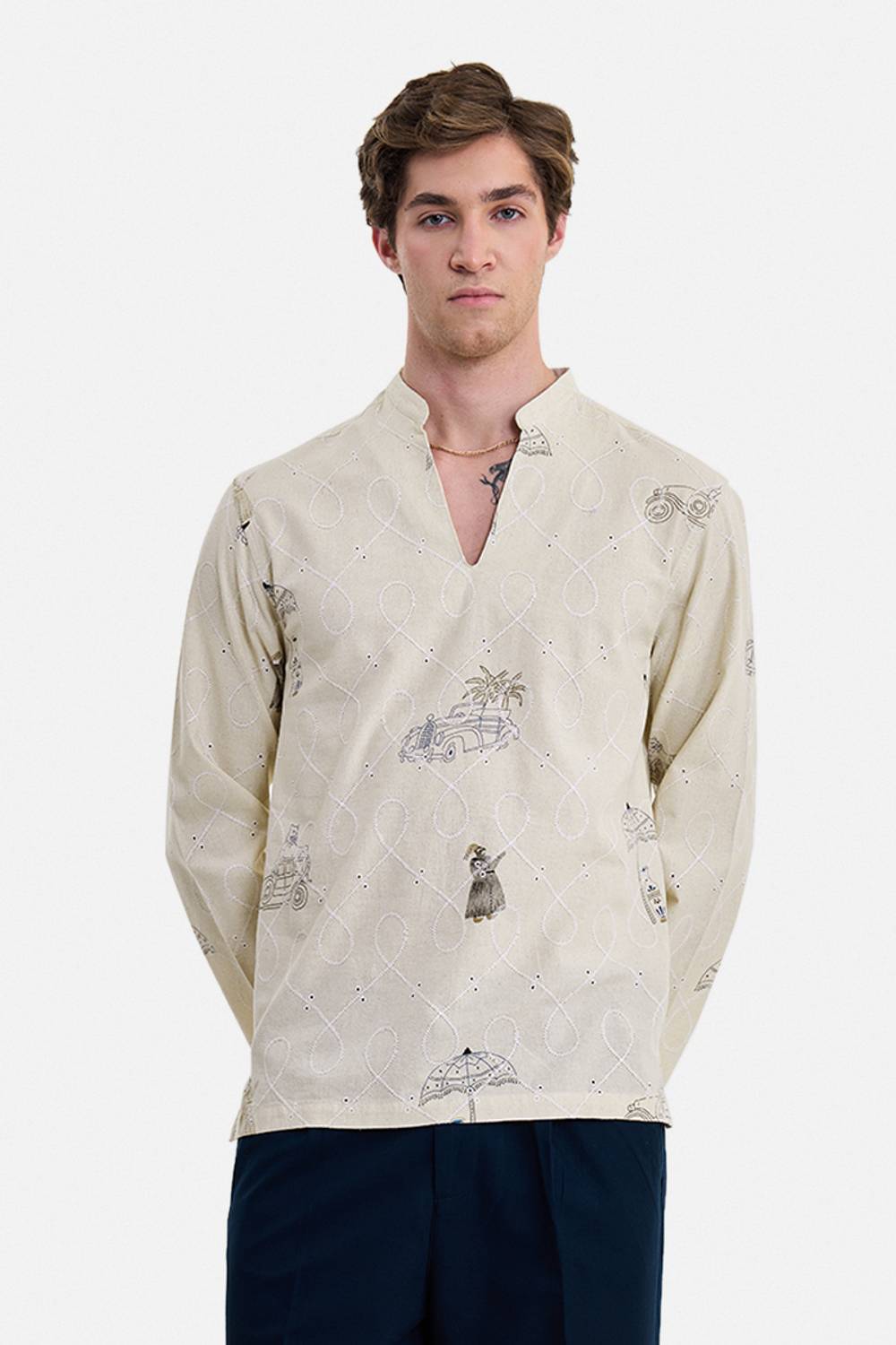 Snitch Men Embroidered Beige Shirt