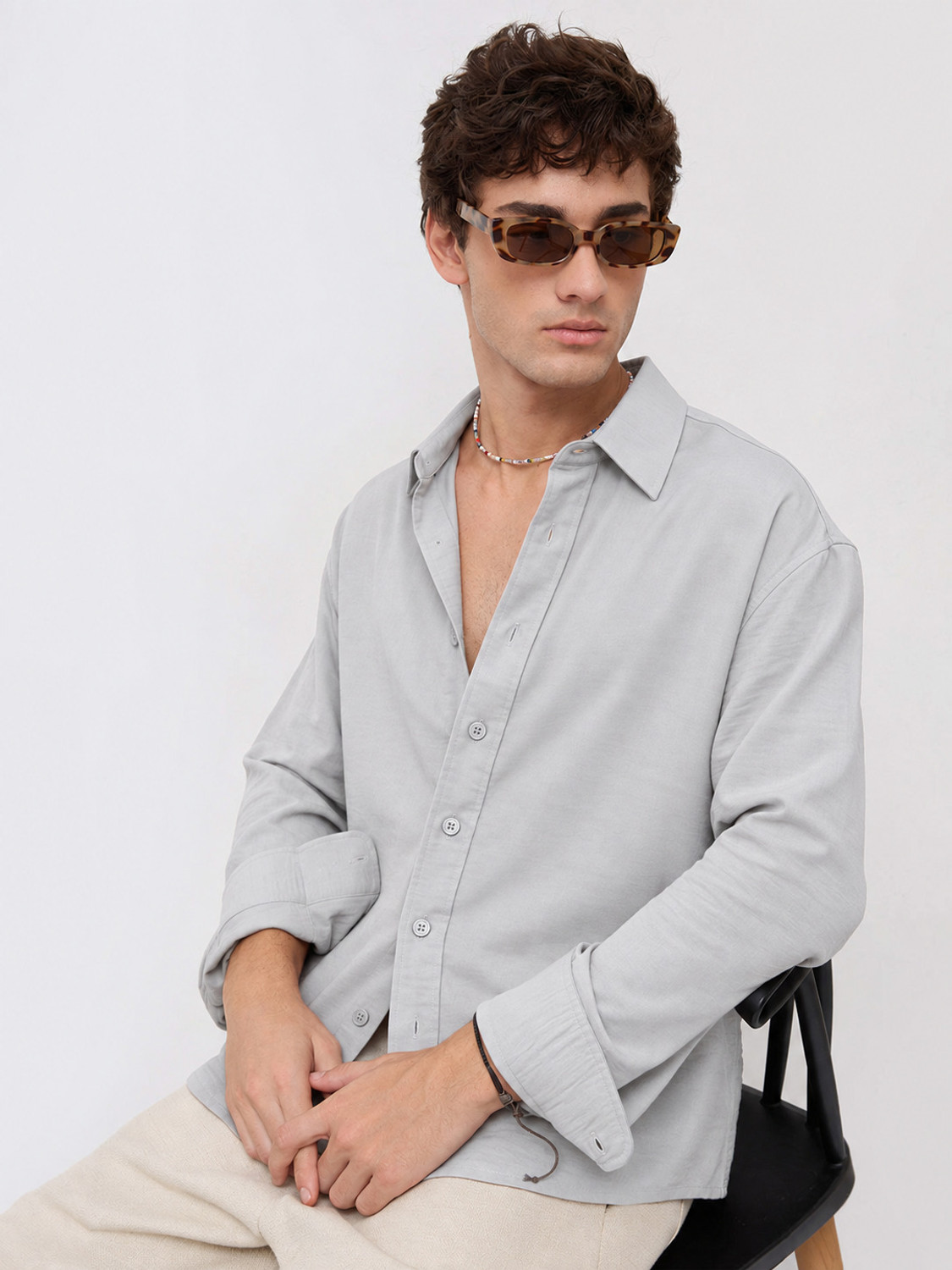 Image of WE KAIKA Men Solid Casual Grey Shirt