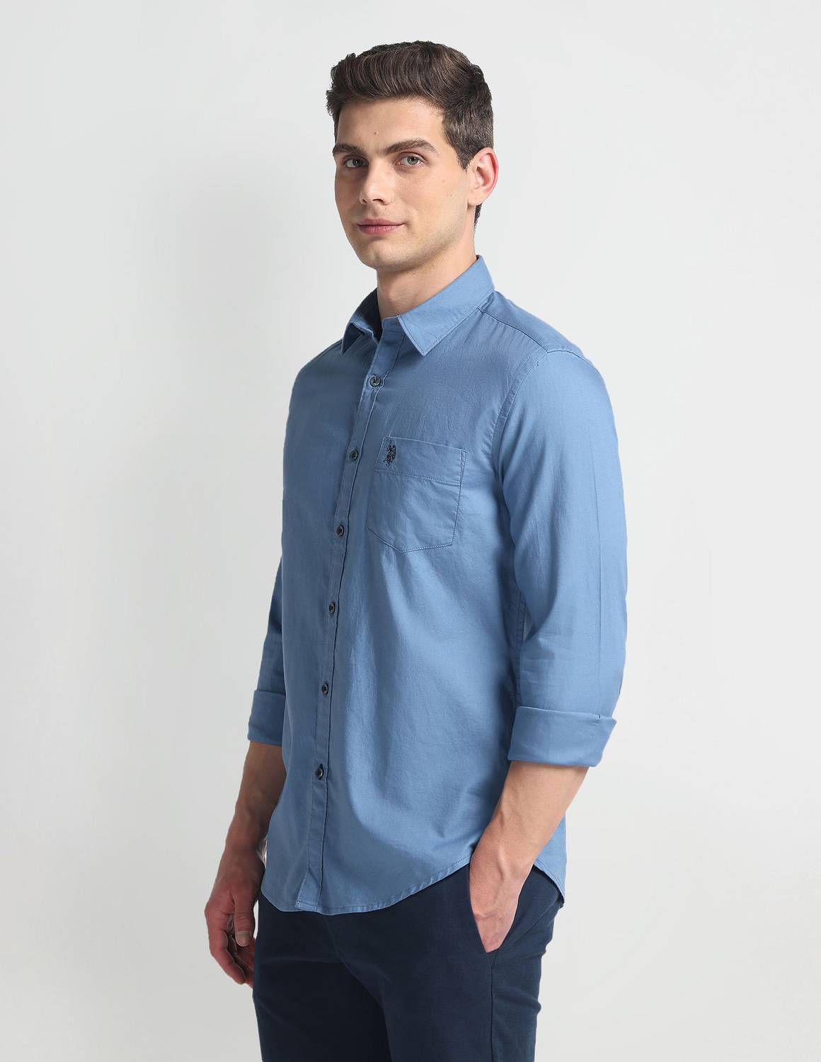 U.S. POLO ASSN. Men Solid Casual Blue Shirt - Image 4