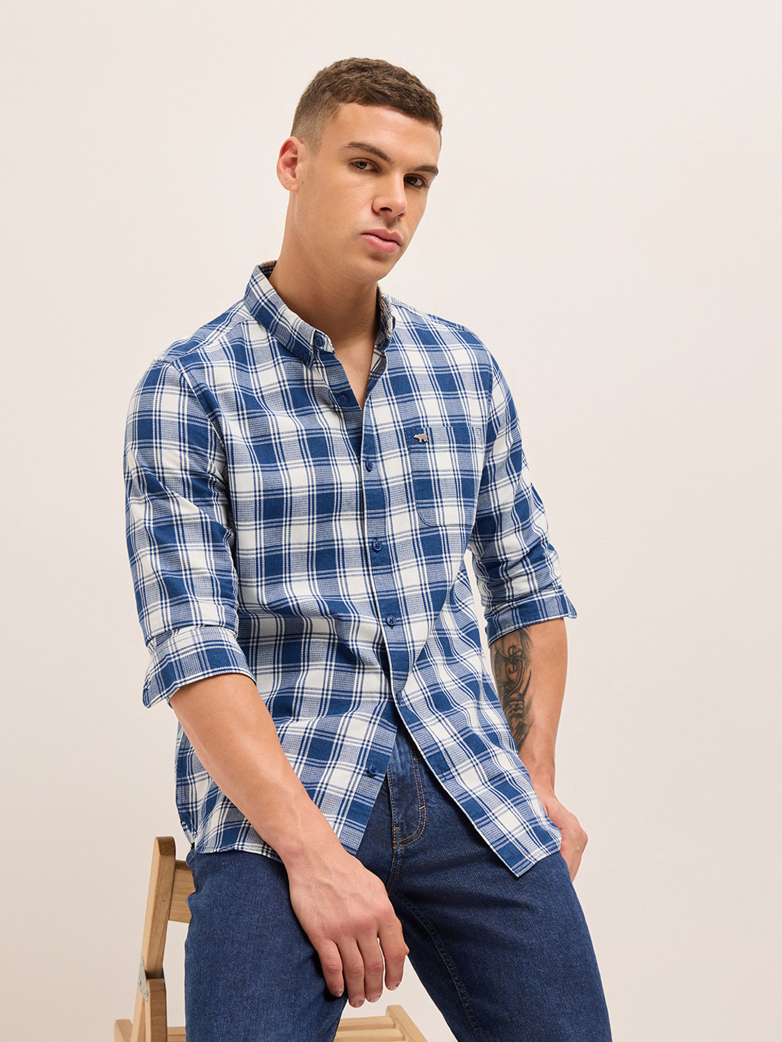 Image of THE BEAR HOUSE Men Checkered Casual Blue Shirt