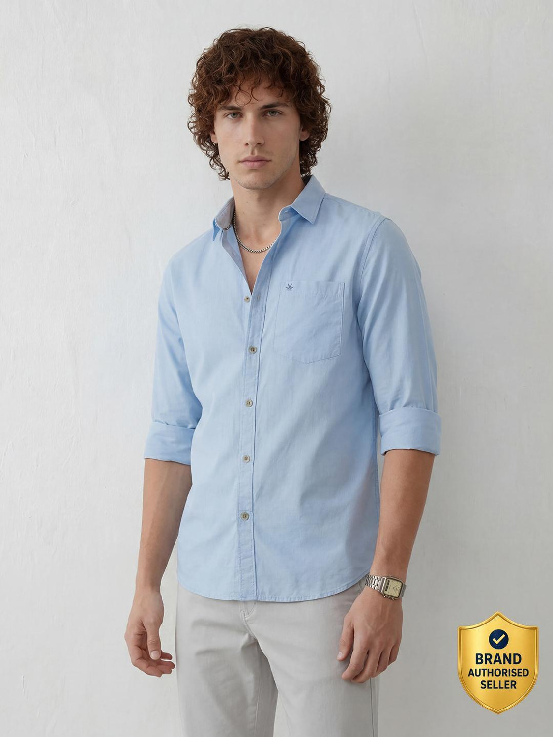 Image of WROGN Men Solid Casual Blue Shirt