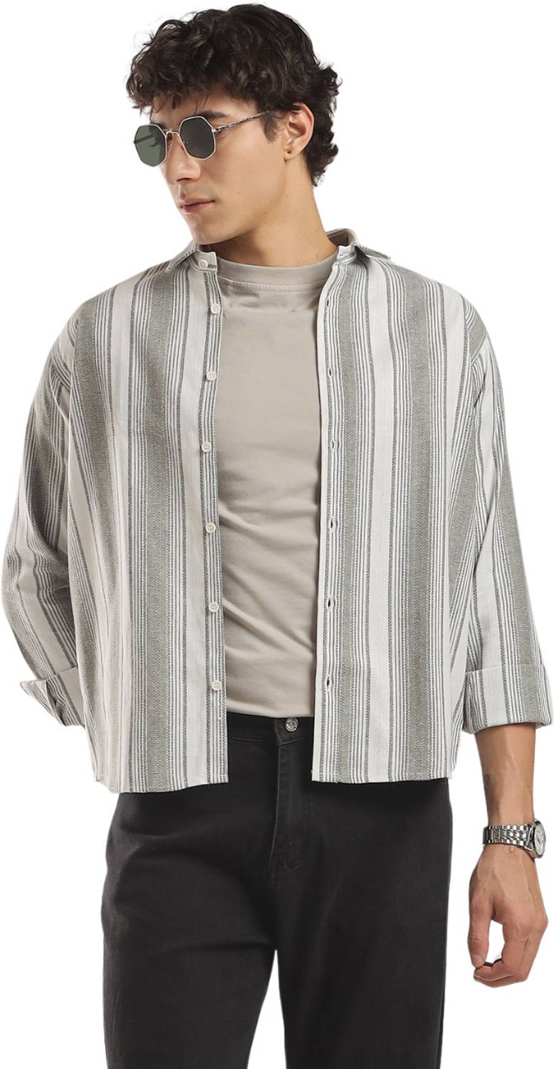 clovaculture Men Striped Casual White, Grey Shirt - Image 1