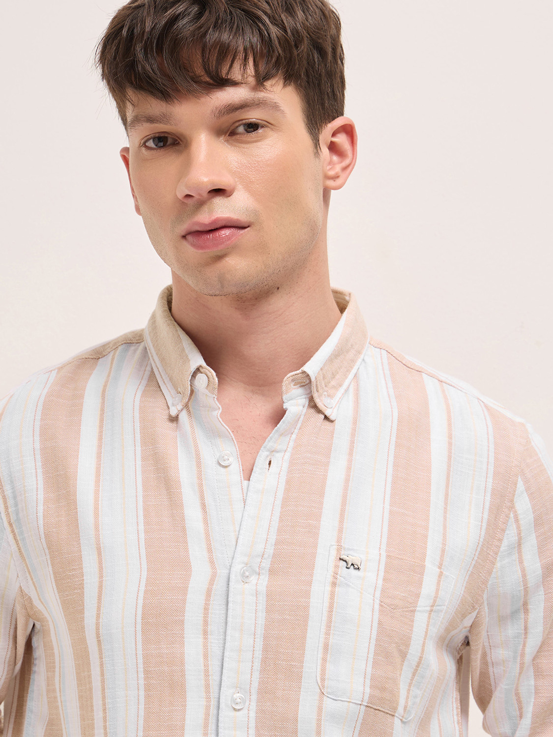 Image of THE BEAR HOUSE Men Striped Casual Beige Shirt