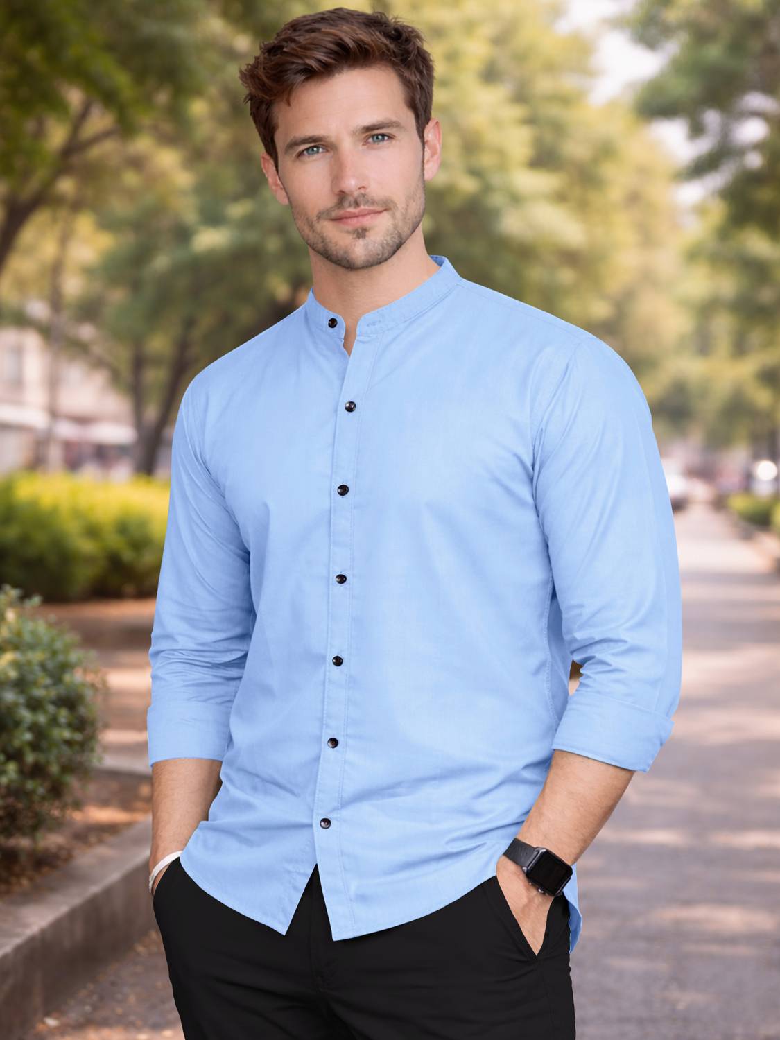 VeBNoR Men Regular Fit Solid Mandarin Collar Casual Shirt