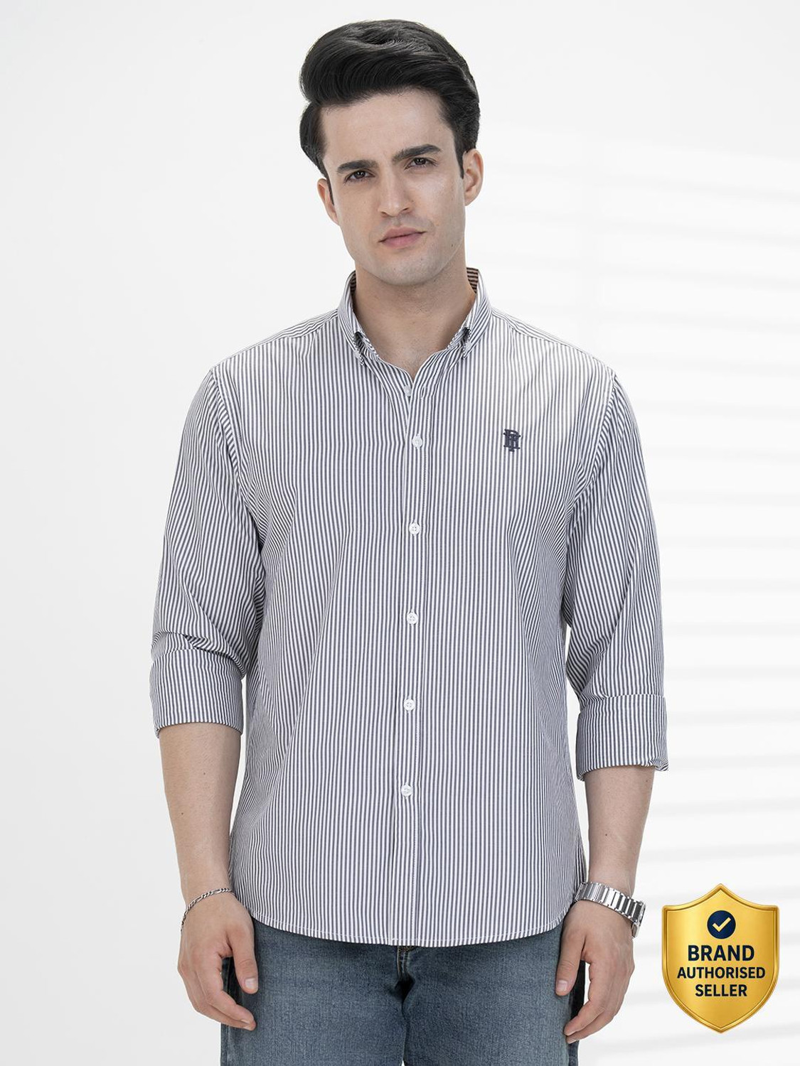 Image of RED TAPE Men Striped Casual Grey Shirt