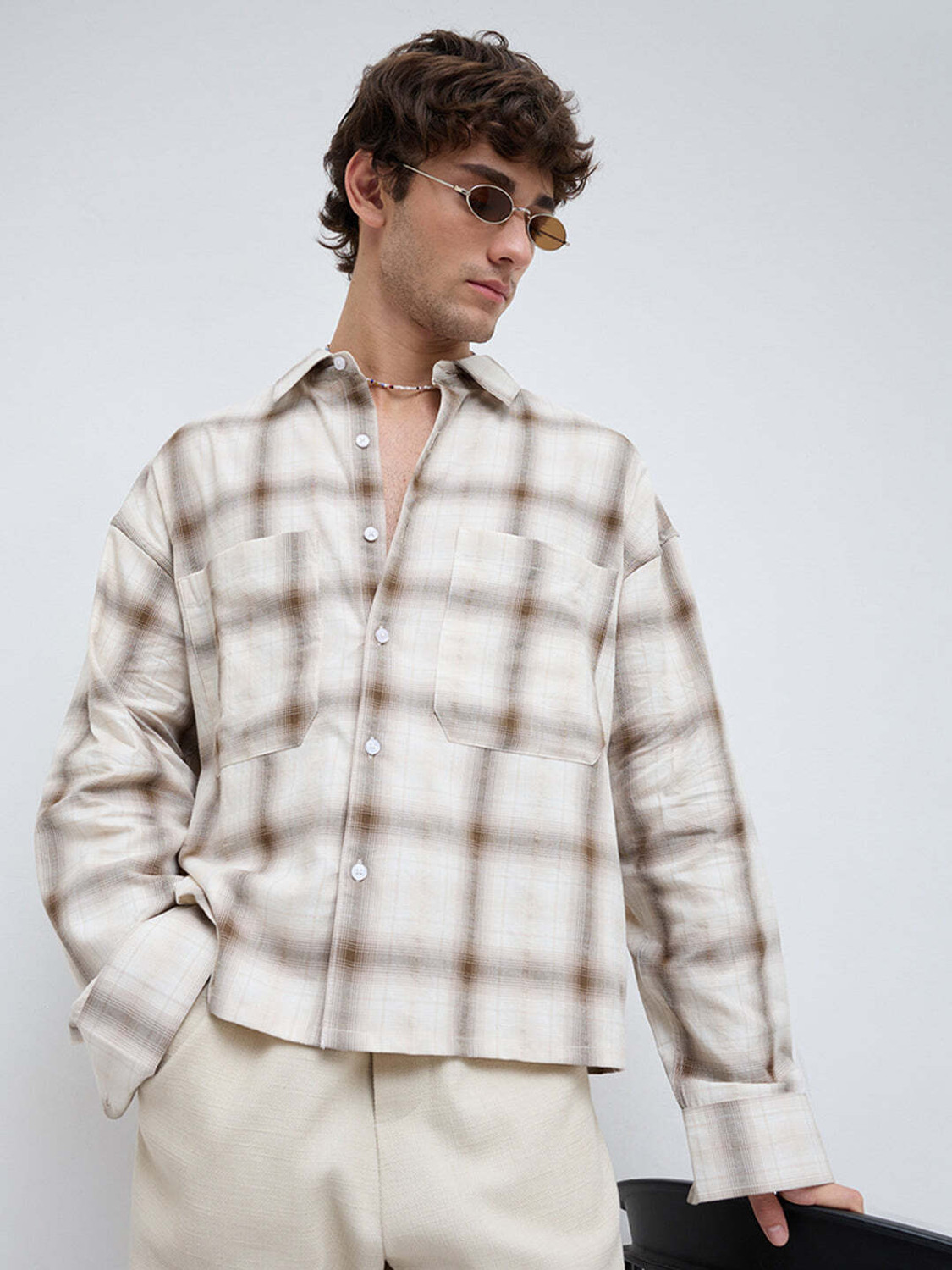 Image of VASTRADO Men Checkered Casual Beige Shirt
