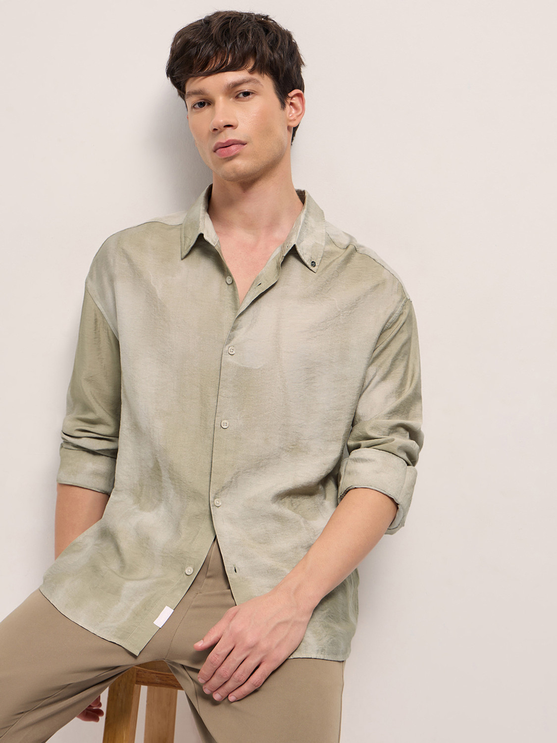 Image of THE BEAR HOUSE Men Solid Casual Cream Shirt