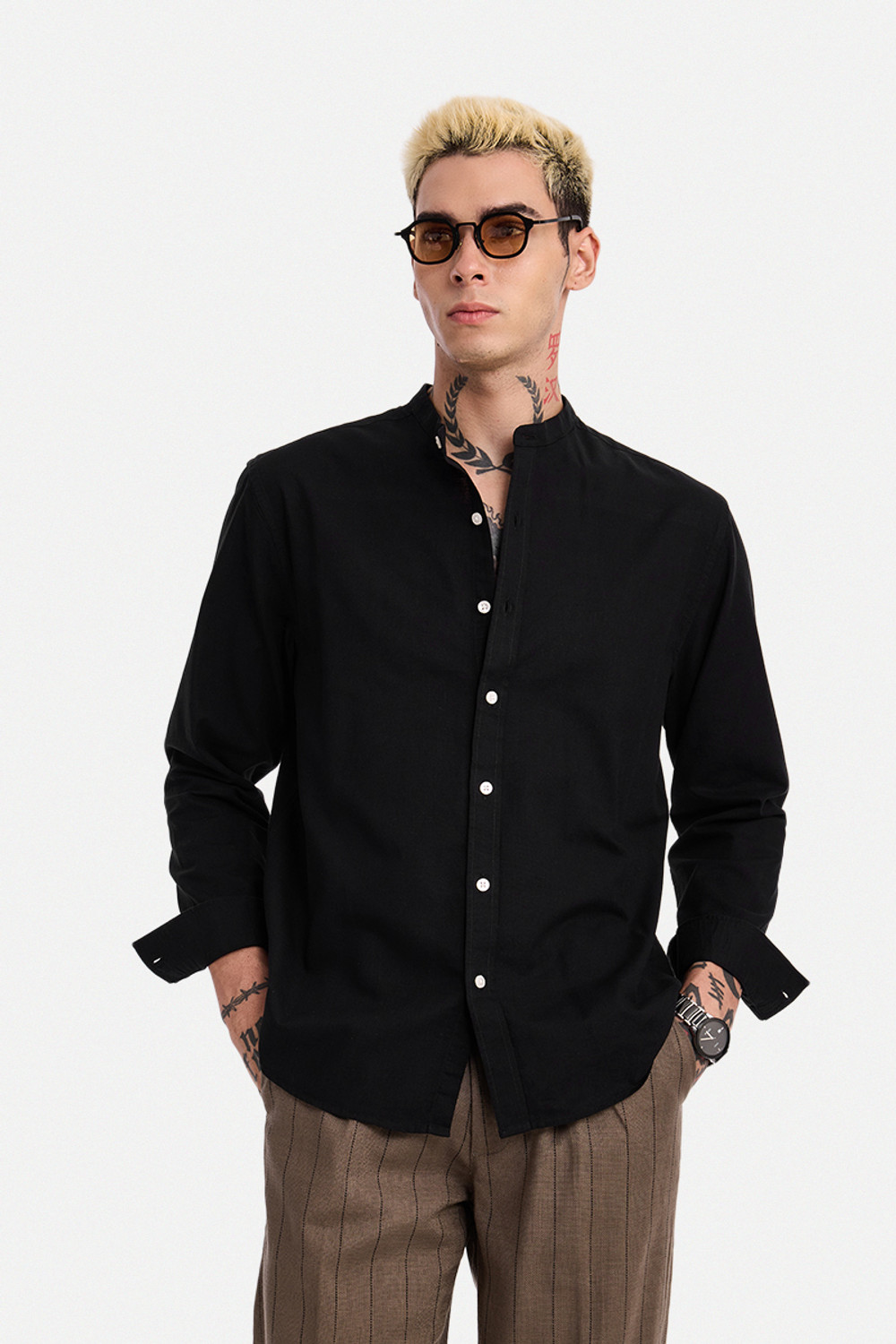 Image of Snitch Men Regular Fit Solid Mandarin Collar Casual Shirt