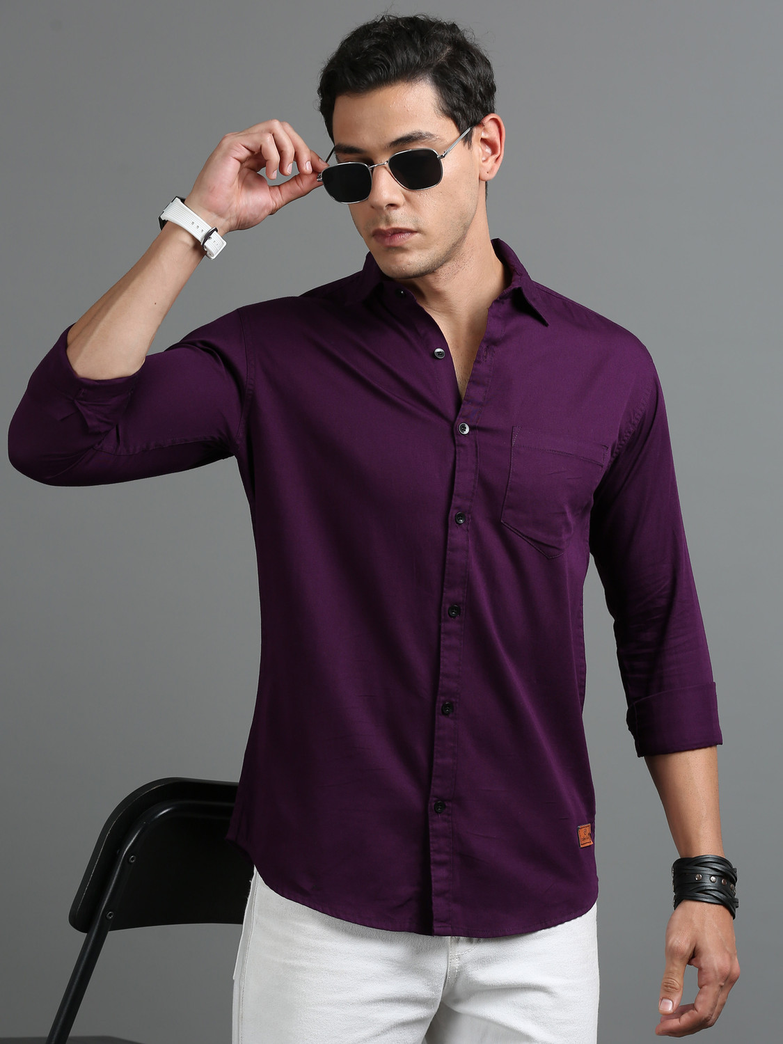 Image of tallwalker Men Solid Casual Purple Shirt