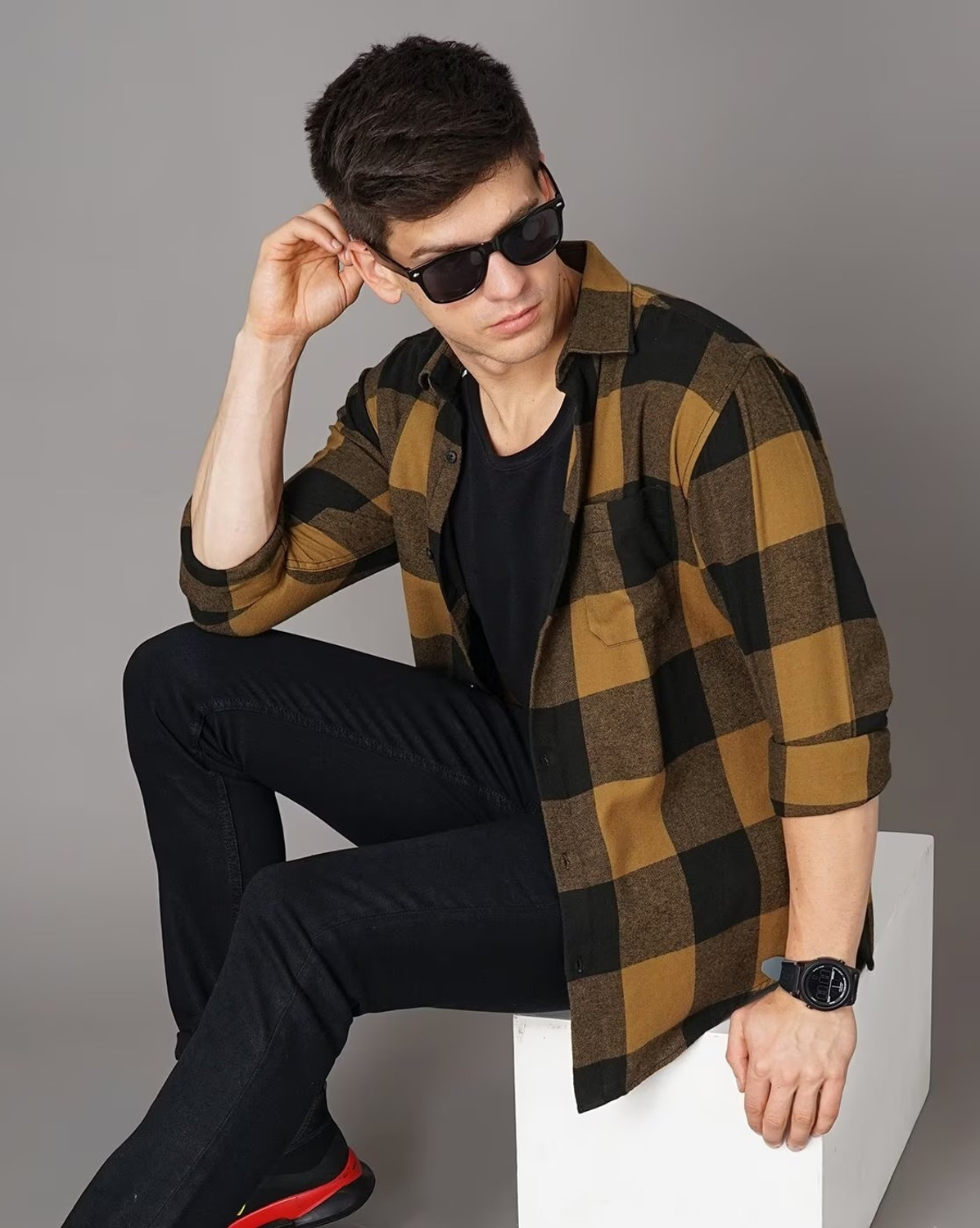 Image of British Club Men Checkered Casual Yellow, Black Shirt